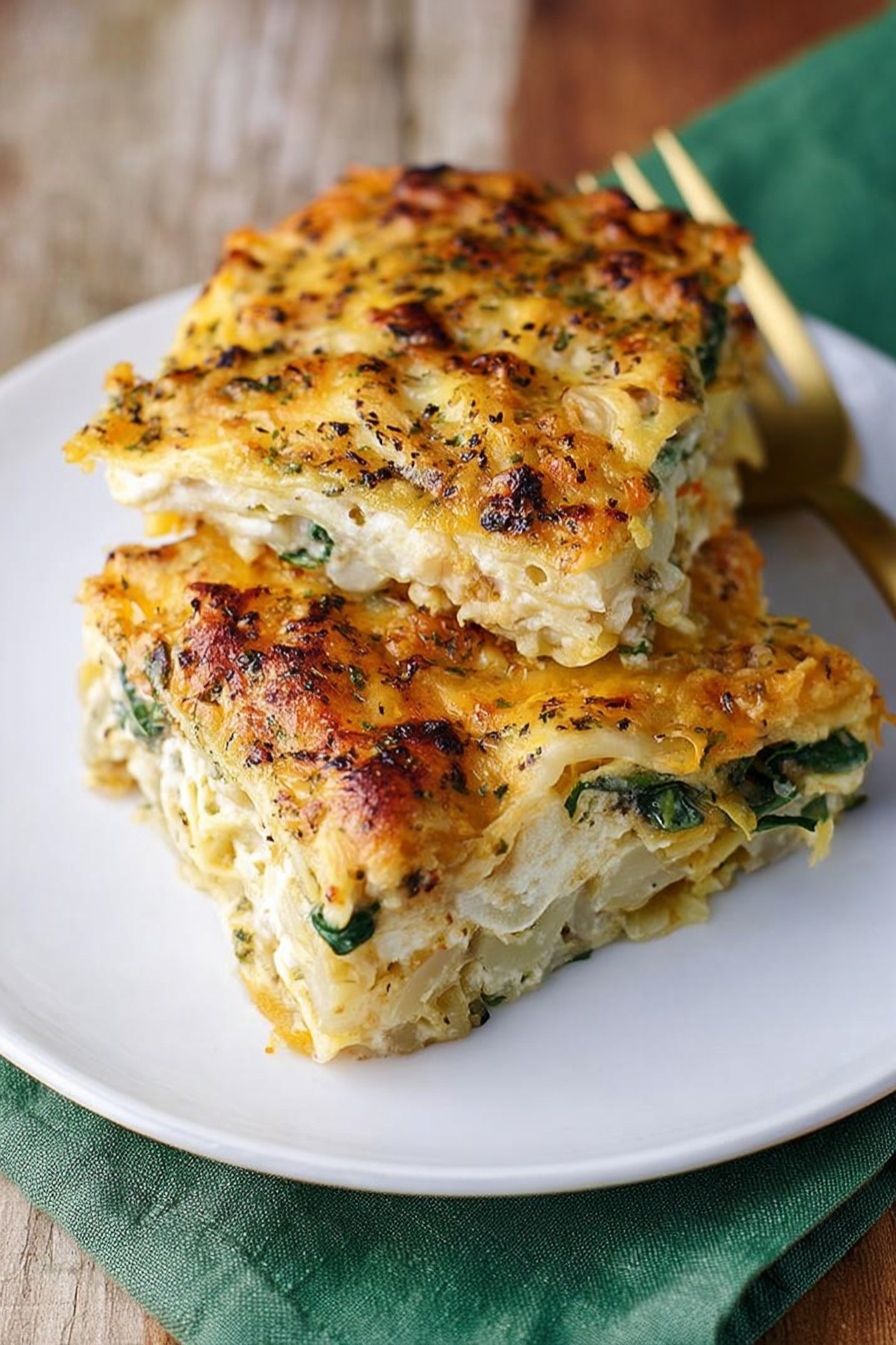 The image shows a white round baking dish filled with a baked lasagna that has three visible layers. The top layer is golden brown with melted cheese that looks slightly crispy and bubbly, with spots of dark herbs sprinkled evenly. Underneath, the second layer is creamy yellow with chunks of orange pumpkin and green spinach leaves visible in some parts. The bottom layer is lasagna pasta sheets that are soft and slightly translucent around the edges. One portion of the lasagna has been taken out, revealing the layers clearly and showing a mix of textures from creamy to cheesy to soft pasta. The dish is placed on a white marbled surface. Photo taken with an iphone --ar 2:3 --v 7