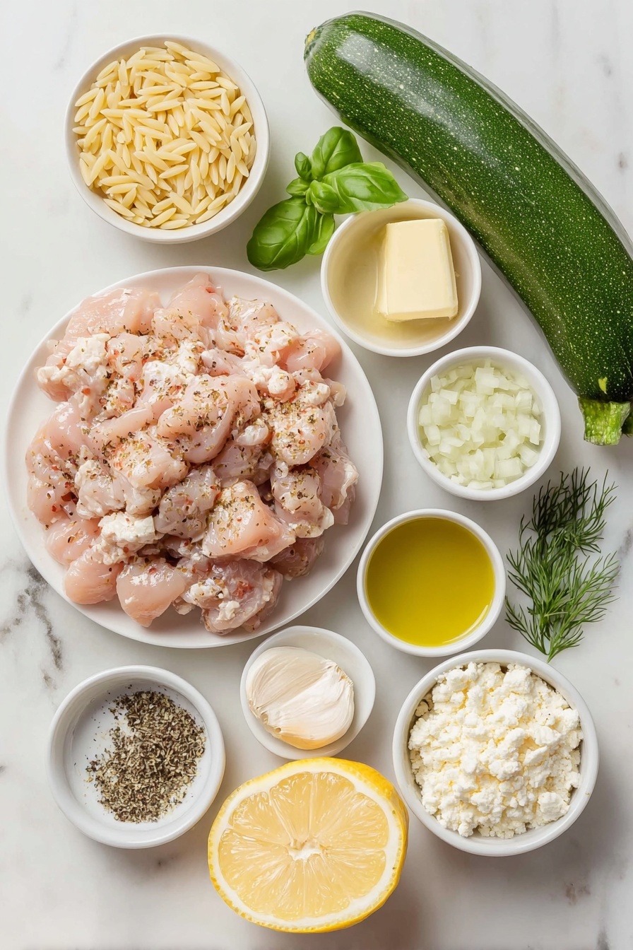 Flat lay of raw chopped chicken breast pieces seasoned with paprika and pepper, a small white bowl of olive oil, a small white bowl of butter, a small white bowl of minced fresh garlic cloves, a small white bowl of diced onion, a heap of uncooked orzo pasta, two fresh medium zucchinis, one large lemon sliced in half with visible zest, a small white bowl of evaporated milk, a small white bowl of cornstarch, a small white bowl of low sodium chicken broth, a small white bowl with a lump of chicken bouillon powder, a small white bowl of shredded mozzarella cheese, a small white bowl of crumbled feta cheese, fresh basil leaves, fresh dill sprigs, fresh parsley sprigs, all arranged symmetrically on simple white ceramic plates and bowls placed on a clean white marble surface, soft natural light, photo taken with an iPhone, professional food photography style, fresh ingredients, white ceramic bowls, no bottles, no duplicates, no utensils, no packaging --ar 2:3 --v 7 --p m7354615311229779997