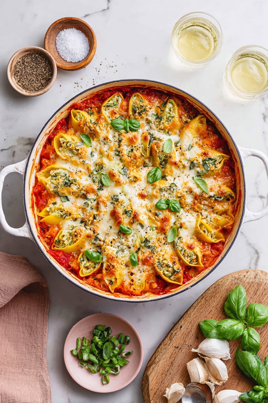 A round white pot with two handles holds a baked dish layered with a bright red tomato sauce at the bottom, topped with yellow and green stuffed pasta shells covered in melted white cheese, scattered with fresh green basil leaves. The pot sits on a white marbled surface next to a wooden board with a small wooden bowl of salt and spoon, a small white bowl with ground black pepper and a wooden spoon, a small light pink plate with chopped green basil pieces, a few garlic cloves, and fresh basil leaves, with two clear glasses of light yellow liquid nearby. photo taken with an iphone --ar 2:3 --v 7
