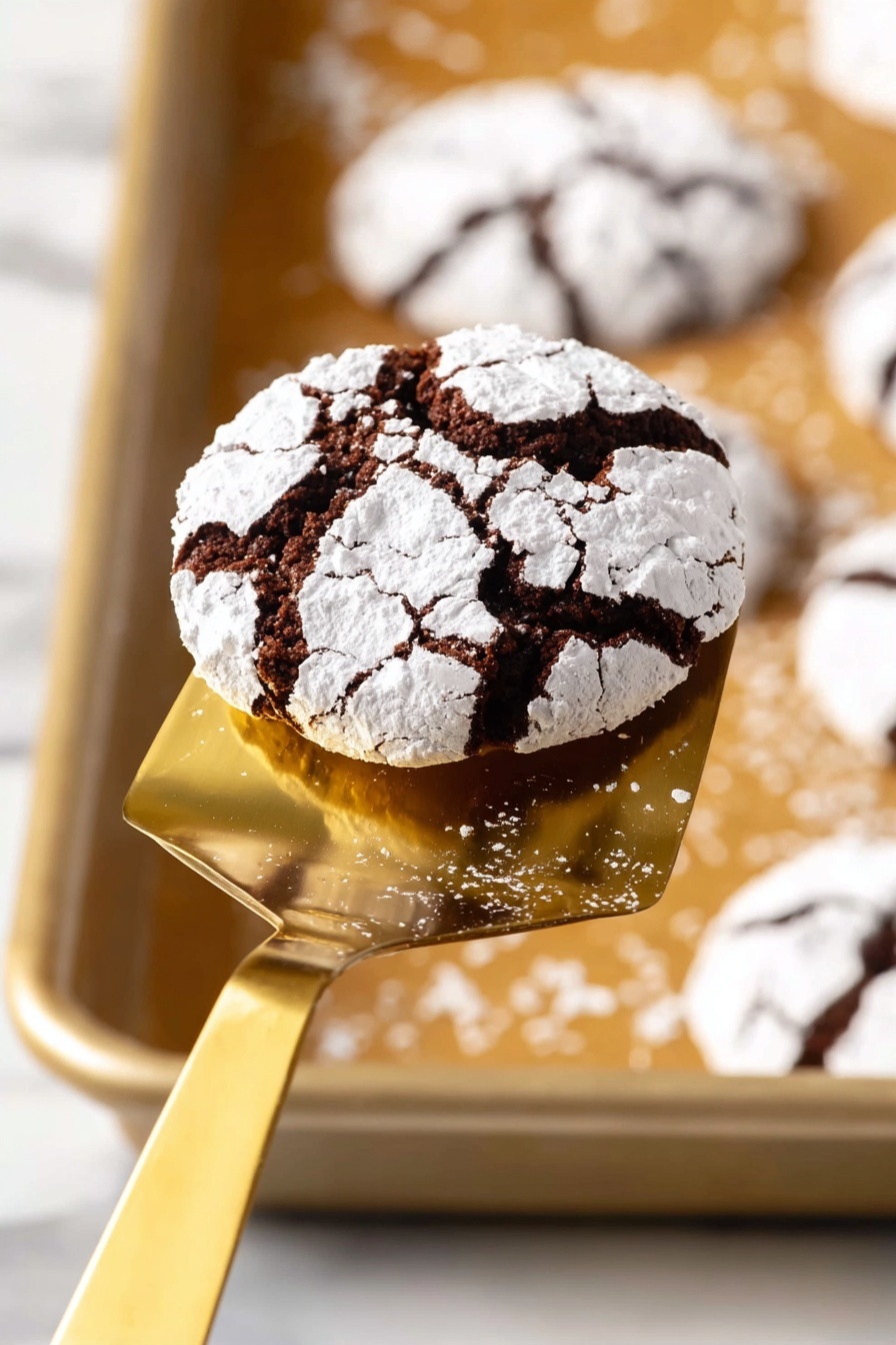 A single dark brown chocolate crinkle cookie with a cracked surface revealing its soft interior is held on a gold spatula in the foreground. The top layer of the cookie is generously dusted with white powdered sugar, creating a contrast with the dark chocolate beneath it. In the blurred background, more cookies with the same cracked powdered sugar tops rest on a baking tray covered with light brown parchment paper. The scene is set against a white marbled surface. photo taken with an iphone --ar 2:3 --v 7
