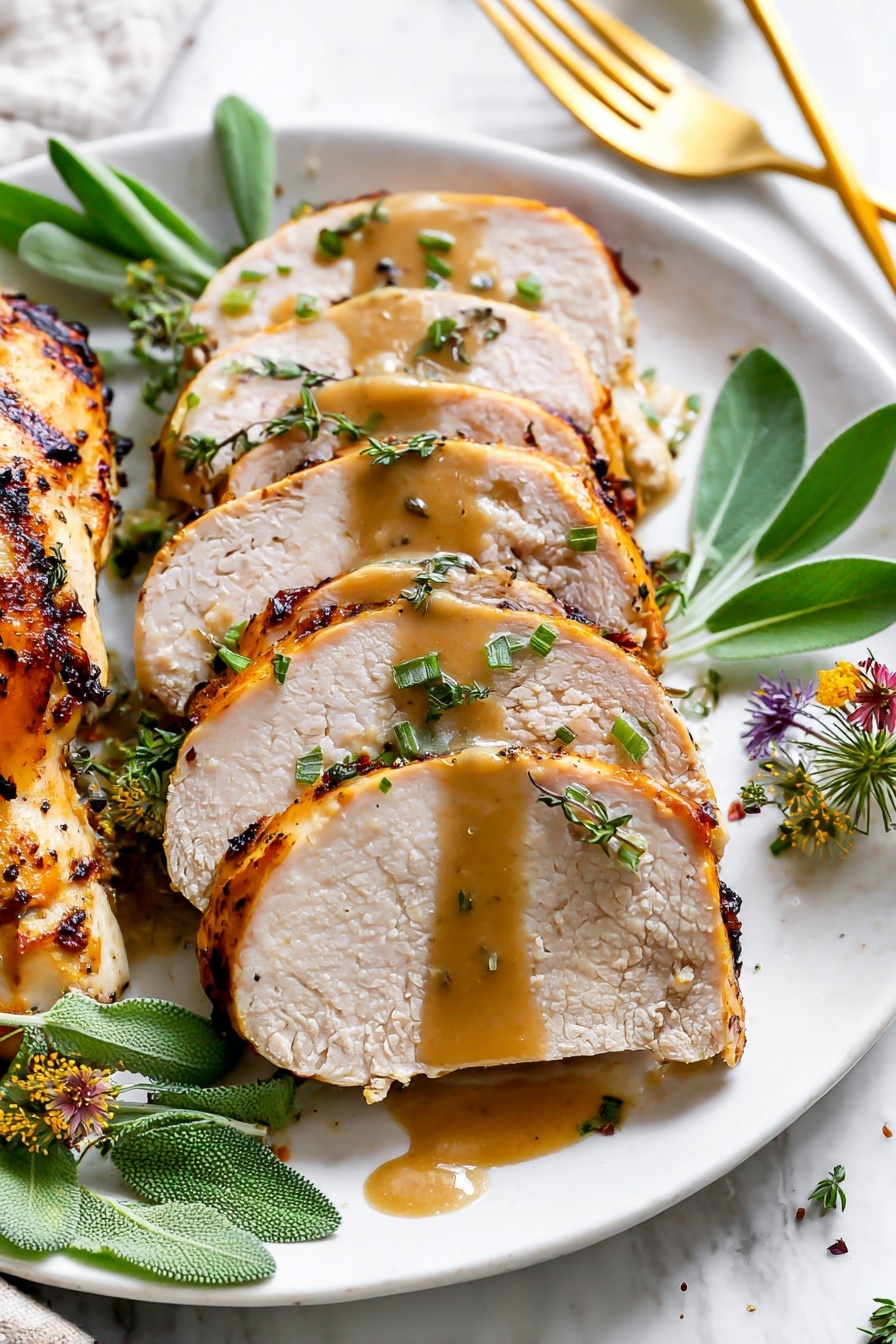 The image shows a white plate with five thick slices of cooked chicken, arranged in a row from front to back. Each chicken slice is light in color with a golden brown edge, showing a grilled texture. A light brown sauce is drizzled over the chicken slices, with small green herb pieces sprinkled on top. The plate is garnished with fresh green herbs on the left and bottom edges, including sage leaves and small flowers. The plate sits on a white marbled surface, and a gold fork is partially visible in the top right corner. Photo taken with an iphone --ar 2:3 --v 7