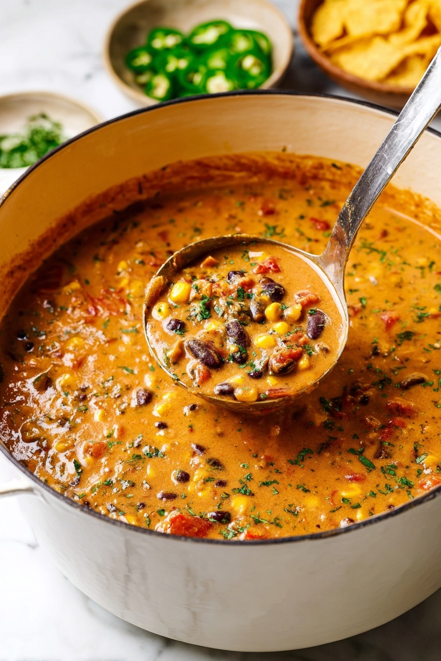 A close-up image of a thick and creamy chili soup in a white pot, showing multiple layers of ingredients like black beans, yellow corn, and red tomato bits mixed into an orange-brown creamy sauce. The soup has small bits of green herbs sprinkled evenly on top and within the soup, adding a fresh green color. A copper ladle is lifting a scoop full of the chili, revealing chunky textures and layers of ingredients visible, including beans, corn, and herbs all coated with creamy sauce. The whole scene sits on a white marbled surface. photo taken with an iphone --ar 2:3 --v 7