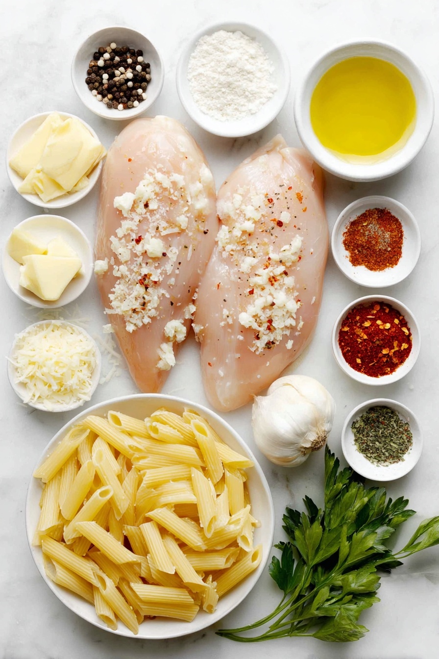 Flat lay of two medium raw chicken breasts with a light drizzle of olive oil, small piles of salt, black peppercorns, onion powder, garlic powder, and paprika arranged beside them, a simple white ceramic bowl with uncooked penne pasta, a small white ceramic bowl with olive oil, a small white ceramic bowl with unsalted butter cubes, a single large shallot whole and chopped on a white ceramic plate, several whole garlic cloves next to minced garlic in a small white ceramic bowl, a small white ceramic bowl with red pepper flakes, a small pile of flour on white ceramic surface, a small white ceramic bowl with low-sodium chicken broth, a small white ceramic bowl with creamy half and half, a small white ceramic bowl with crushed chicken bouillon powder, small piles of dried parsley, dried basil, and dried oregano, a small pile of salt, a small pile of black pepper, a white ceramic bowl with freshly grated parmesan cheese, a few sprigs of fresh parsley, and a halved lemon showing fresh juice droplets, all carefully spaced and symmetrically arranged, placed on a clean white marble surface, soft natural light, photo taken with an iPhone, professional food photography style, fresh ingredients, white ceramic bowls, no bottles, no duplicates, no utensils, no packaging --ar 2:3 --v 7 --p m7354615311229779997