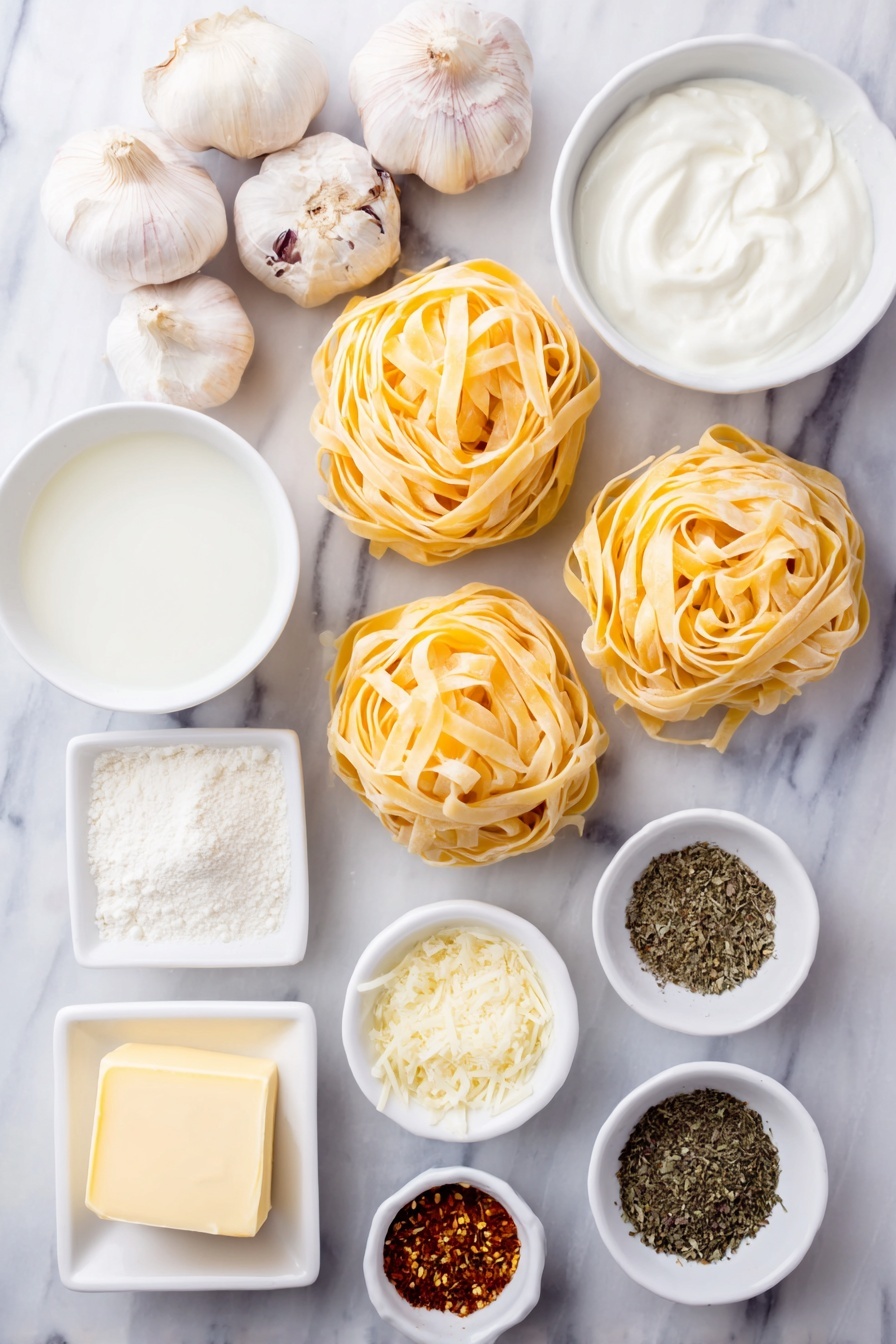 Flat lay of uncooked fettuccine pasta nests, a few whole brown garlic bulbs with several peeled cloves, a small stack of whole unsalted butter sticks, a small white ceramic bowl of fresh heavy whipping cream, a small white ceramic bowl of whole milk, a small white ceramic bowl of pale cream cheese block, a small white ceramic bowl of golden cornstarch powder, a small white ceramic bowl of finely grated Parmesan cheese, small white ceramic bowls each containing dried basil leaves, dried parsley flakes, onion powder, dried oregano, fine salt, cracked black peppercorns, red pepper flakes, and ground nutmeg, all arranged symmetrically on a clean white marble surface, soft natural light, photo taken with an iPhone, professional food photography style, fresh ingredients, white ceramic bowls, no bottles, no duplicates, no utensils, no packaging --ar 2:3 --v 7 --p m7354615311229779997