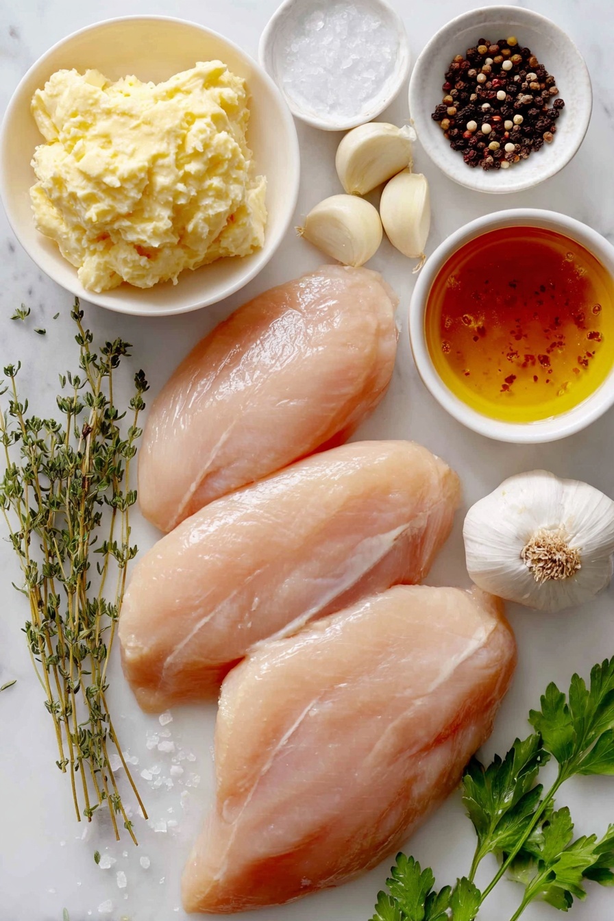 Flat lay of fresh boneless skinless chicken breasts with smooth, pale pink skin, a small pile of coarse sea salt crystals, a few whole black peppercorns scattered nearby, a small white ceramic bowl filled with golden olive oil, fresh garlic cloves peeled and whole, a small white bowl containing clear light chicken broth, another small white bowl holding thick heavy cream, a small white bowl with creamy pale yellow Dijon mustard, fresh thyme sprigs with tiny green leaves, a pinch of dried sage in a tiny white bowl, a small white bowl with glossy amber honey, and a few bright green parsley sprigs arranged neatly, placed on a clean white marble surface, soft natural light, photo taken with an iPhone, professional food photography style, fresh ingredients, white ceramic bowls, no bottles, no duplicates, no utensils, no packaging --ar 2:3 --v 7 --p m7354615311229779997