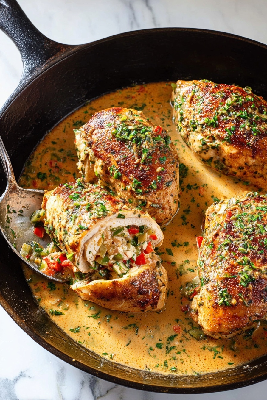 The dish shows a thick, golden-brown chicken piece in the center, covered with a creamy sauce dotted with bits of red and green herbs. To the right, there is a mound of smooth white mashed potatoes topped with a pat of melting butter and sprinkled with black pepper and chopped green herbs. Below the chicken, a small bunch of bright green asparagus spears is placed neatly. The food is served on a white plate with a textured dark brown rim, against a white marbled background. A woman's hand holds a gold fork near the asparagus, adding a sense of interaction to the scene. photo taken with an iphone --ar 2:3 --v 7