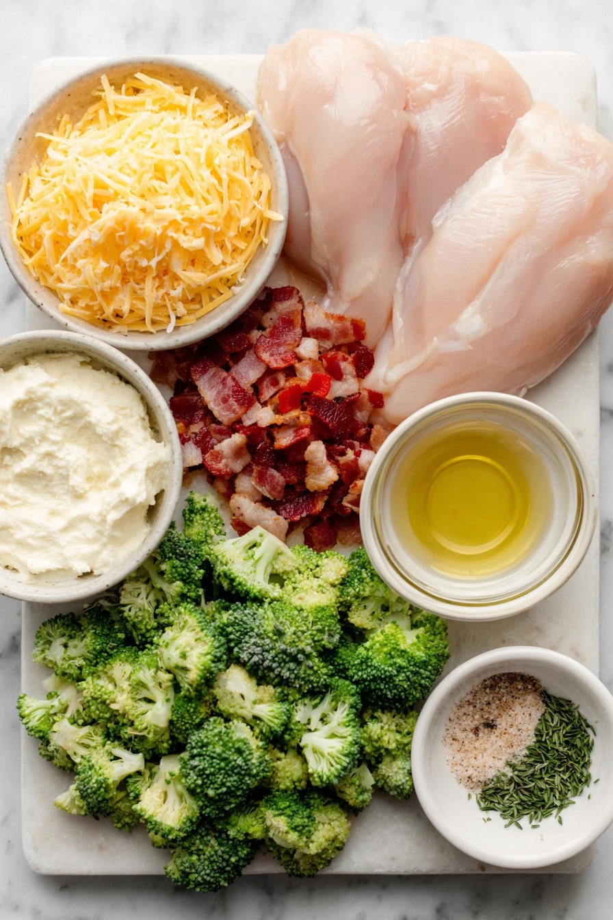 Flat lay of fresh whole medium chicken breasts with smooth pale pink skin, a small mound of finely diced bright red bell pepper, a handful of vibrant green small broccoli florets, a heap of freshly shredded sharp cheddar cheese with vivid orange tones, a small white ceramic bowl of softened cream cheese with a creamy texture, a few strips of crispy cooked bacon chopped into pieces showing rich reddish-brown and golden hues, a small white bowl containing golden olive oil, a small white bowl of light amber low sodium chicken broth, a small white bowl with a mixed spice rub of coarse pale beige garlic powder, salt crystals, reddish paprika, and dark specks of black pepper, a few sprigs of dried parsley, dried chives, and a small pinch of dried dill scattered nearby, all arranged symmetrically and balanced on a simple clean white ceramic plate and bowls, placed on a clean white marble surface, soft natural light, photo taken with an iPhone, professional food photography style, fresh ingredients, white ceramic bowls, no bottles, no duplicates, no utensils, no packaging --ar 2:3 --v 7 --p m7354615311229779997