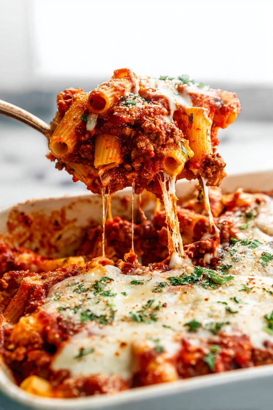 A close-up of a large spoon lifting a serving of baked pasta from a white baking dish resting on a white marbled surface. The pasta has three visible layers: the bottom layer is tube-shaped pasta mixed with thick red tomato sauce and ground meat, the middle layer is rich red sauce with meat, and the top layer consists of melted white cheese sprinkled with fresh green herbs. The cheese is gooey and stringy, stretching from the spoon to the dish, with small bits of green herbs adding contrast. The background is blurred with bright lighting highlighting the vibrant reds, whites, and greens. Photo taken with an iphone --ar 2:3 --v 7