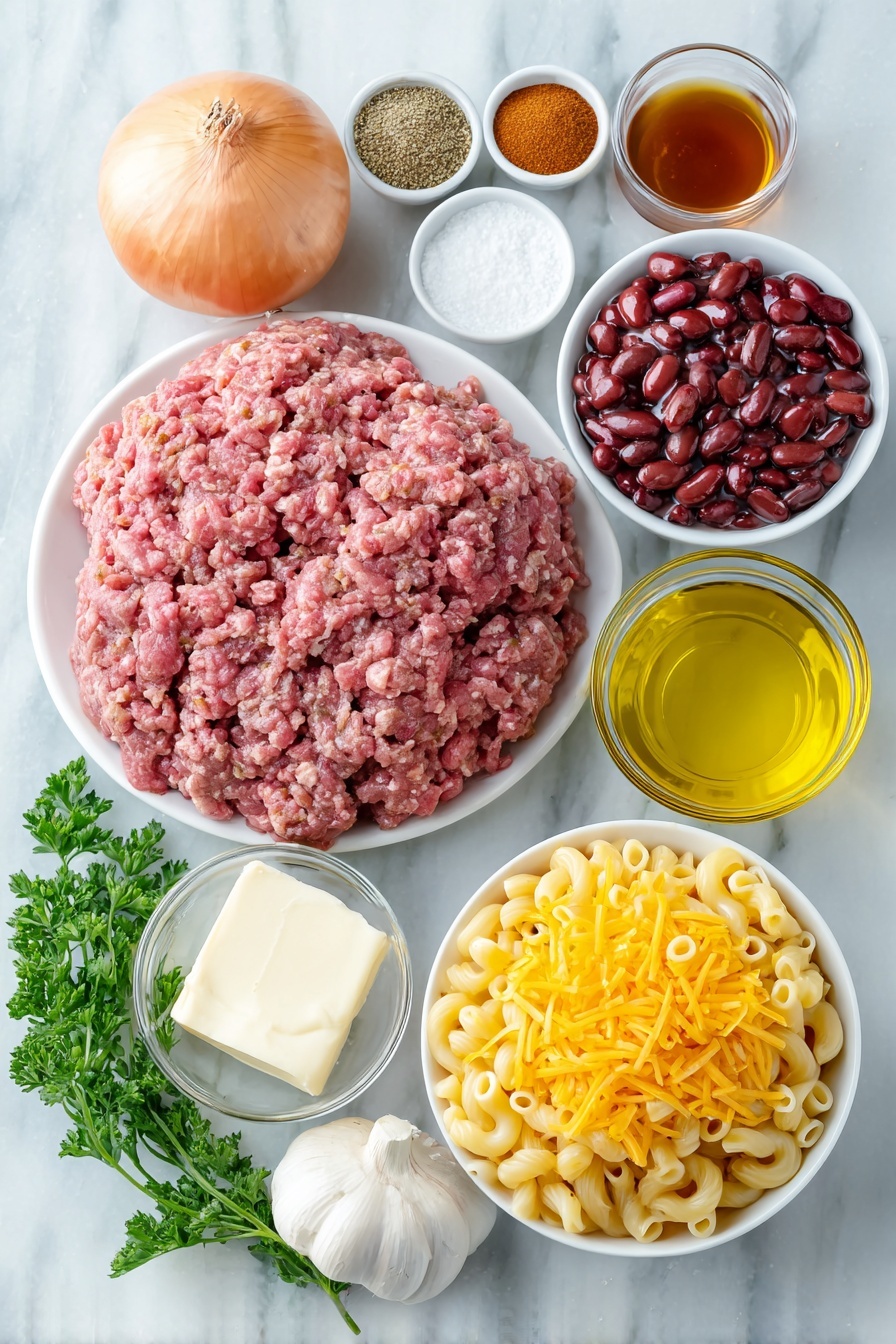 Flat lay of a small puddle of golden olive oil in a simple white ceramic bowl, one whole yellow onion with dry skin, a mound of fresh lean ground beef, one whole red bell pepper with smooth bright skin, four whole garlic cloves with papery skins intact, small white ceramic bowls each containing chili powder, smoked paprika, ground cumin, salt, dried oregano, ground mustard, and black pepper, a large white ceramic bowl filled with vibrant crushed tomatoes, another bowl with bright fire roasted diced tomatoes, a bowl of glossy kidney beans rinsed and drained, a small bowl holding golden brown sugar crystals, a bowl with a dark amber liquid representing mesquite liquid smoke, a bowl of light golden chicken broth, dry elbow macaroni pasta in a neat pile with curved tubular shapes, a small white plate with a block of creamy white cream cheese, a small white bowl overflowing with freshly shredded sharp cheddar cheese in bright orange-yellow, and a few sprigs of fresh vibrant green parsley placed artfully for garnish, all ingredients arranged with perfect symmetry and realistic proportions, placed on a clean white marble surface, soft natural light, photo taken with an iPhone, professional food photography style, fresh ingredients, white ceramic bowls, no bottles, no duplicates, no utensils, no packaging --ar 2:3 --v 7 --p m7354615311229779997