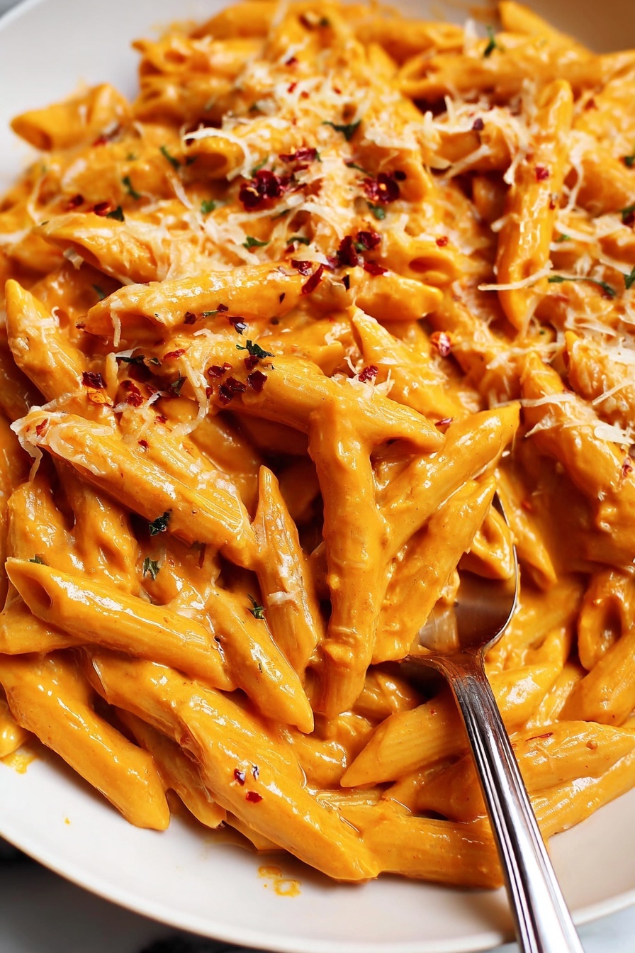 A white bowl filled with creamy orange penne pasta coated in sauce, topped with finely shredded white cheese and small green herb pieces, along with a few red pepper flakes scattered on top. A silver fork stands inside the bowl on the right side. In the background, there is another white bowl with the same pasta, and a blurred bottle with blue and white label. The bowl sits on a beige cloth on a white marbled surface with a small block of cheese and a grater to the bottom right of the bowl. Photo taken with an iphone --ar 2:3 --v 7