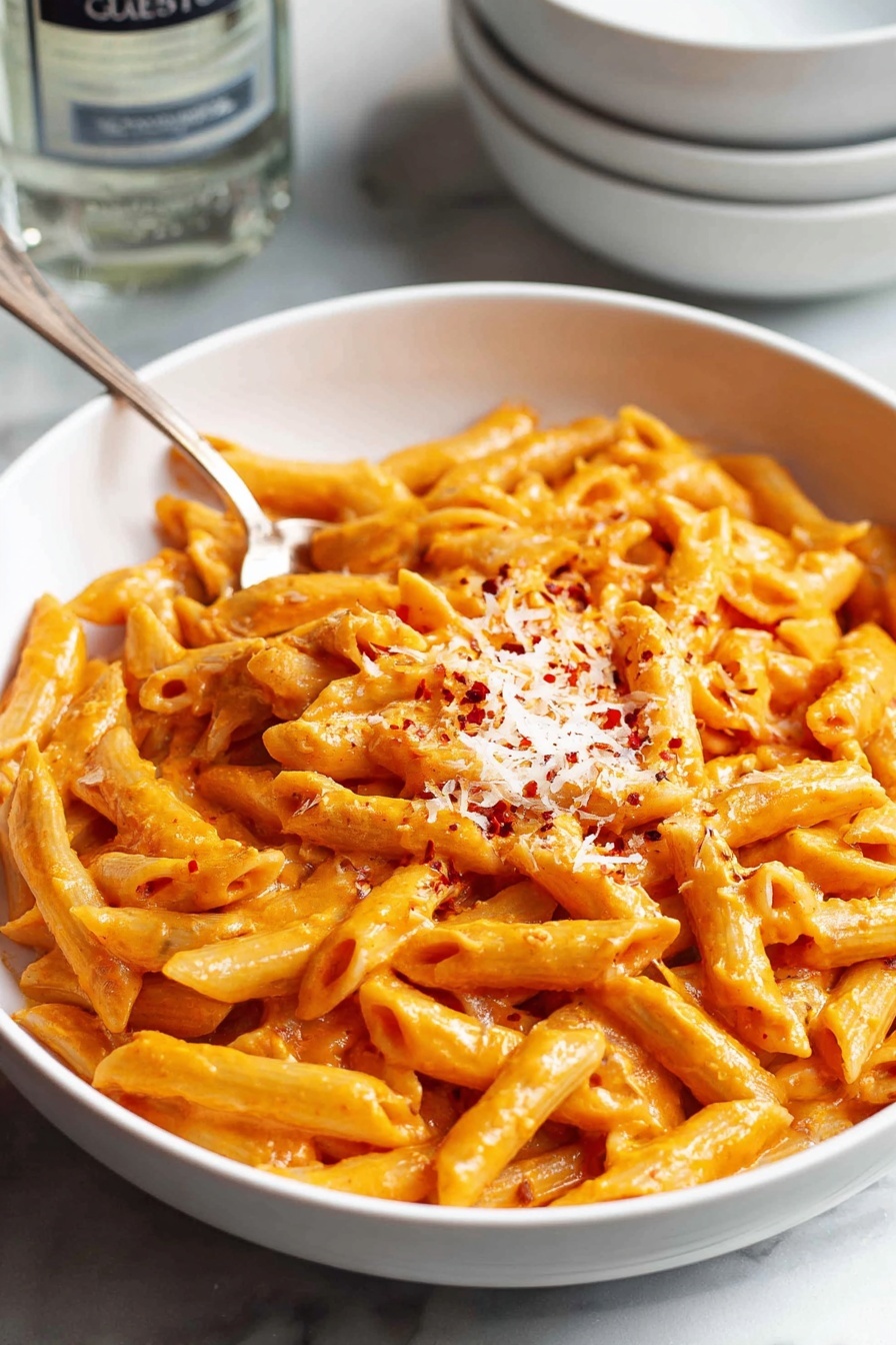 The image shows a close-up of creamy orange pasta penne coated in smooth sauce, with layers of shredded cheese sprinkled on top, adding a soft, textured contrast. Small red chili flakes are scattered lightly across the pasta, adding tiny pops of dark red color. A silver spoon scoops some pasta from the right side, showing the sauce's thick and rich texture on the noodles. The dish sits on a white plate over a white marbled background. Photo taken with an iphone --ar 2:3 --v 7