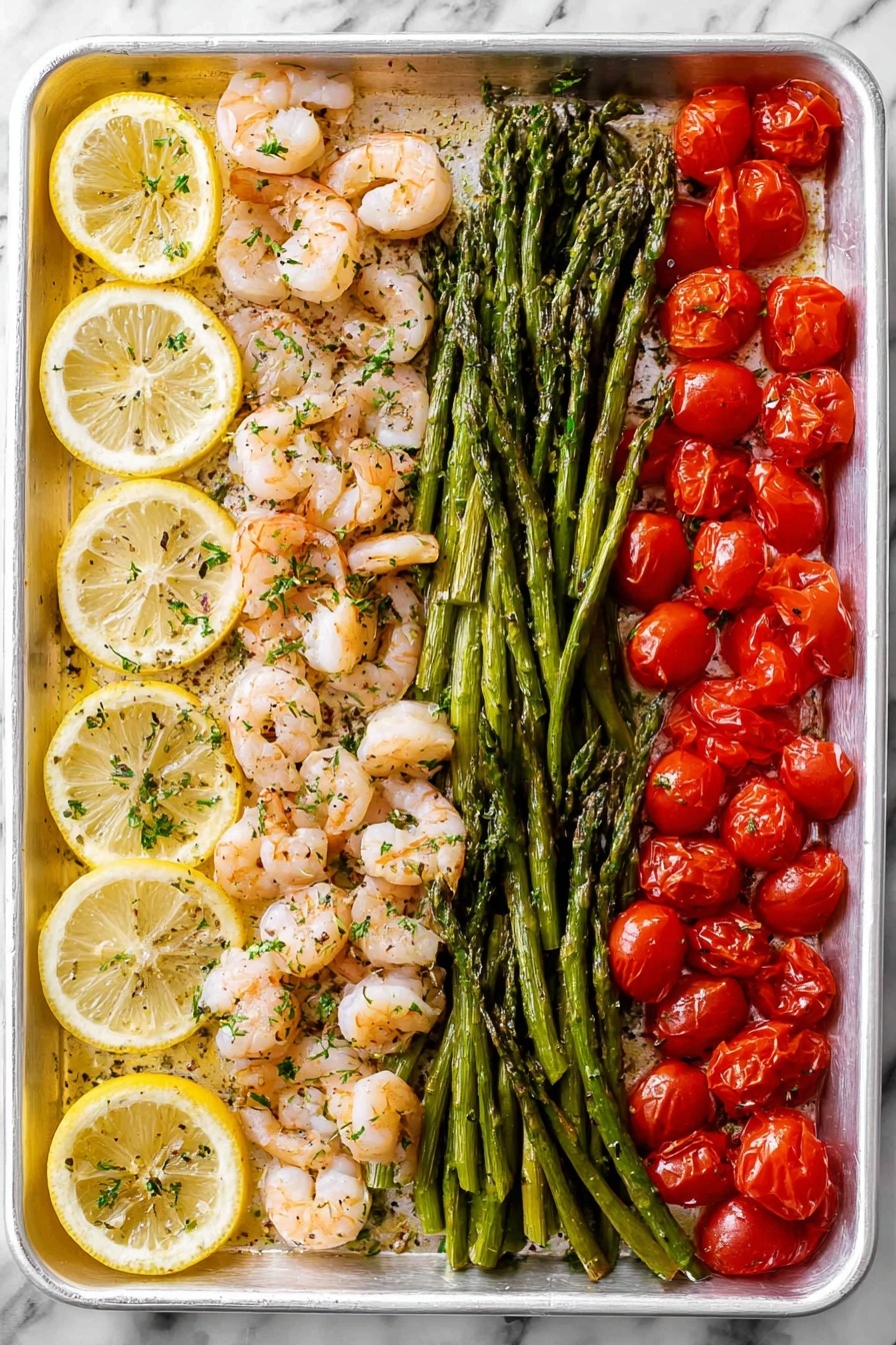 A white baking tray holds a colorful cooked meal divided into two sections. The left side shows about three slices of bright yellow lemon as the bottom layer, topped with many pink-orange shrimp scattered all over, sprinkled with small green herbs. On the right side, there is a neat pile of bright green asparagus stalks and whole red cherry tomatoes, all shiny and cooked. The tray is on a white marbled surface. photo taken with an iphone --ar 2:3 --v 7