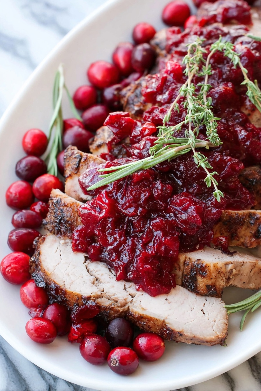 The image shows a white plate with several slices of cooked meat, arranged in a row with the slices leaning against each other. The top of the meat is covered with a thick layer of bright red, chunky cranberry sauce, which has a glossy texture. On the left side of the plate, there is a small pile of whole fresh cranberries, shiny and round. Two sprigs of fresh green herbs lie across the meat slices, adding a touch of color and freshness. The background is a white marbled surface. Photo taken with an iphone --ar 2:3 --v 7