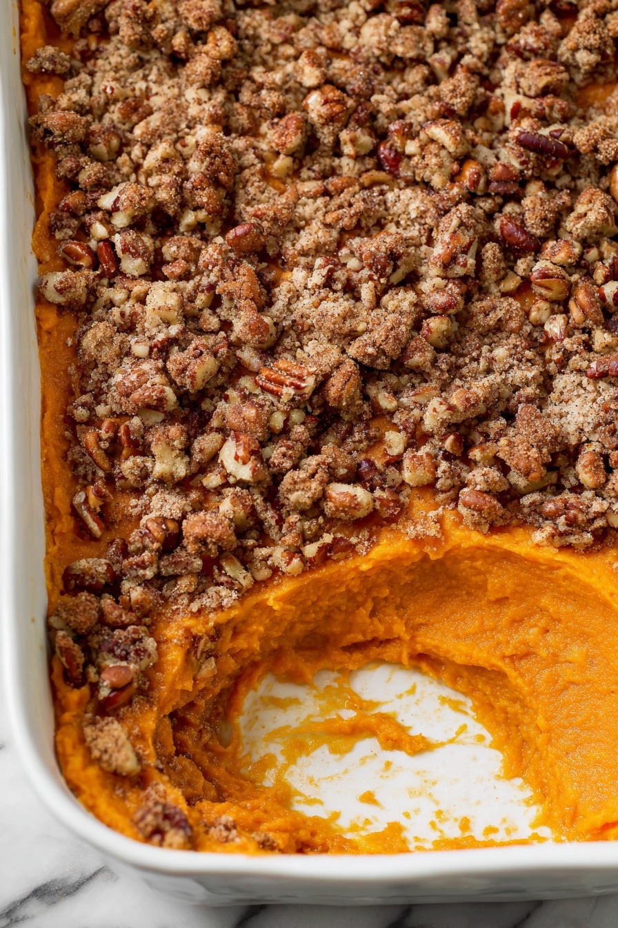 The image shows a white rectangular dish with a two-layer sweet potato casserole. The bottom layer is a smooth, bright orange sweet potato mash, creamy in texture, filling most of the dish. The top layer is a crumbly brown streusel made from chopped pecans and a sugar mixture, covering the casserole with a rough texture and bits of pecan pieces scattered throughout. Part of the casserole is scooped out, revealing the vibrant orange interior against the white dish. The background is a white marbled surface. Photo taken with an iphone --ar 2:3 --v 7