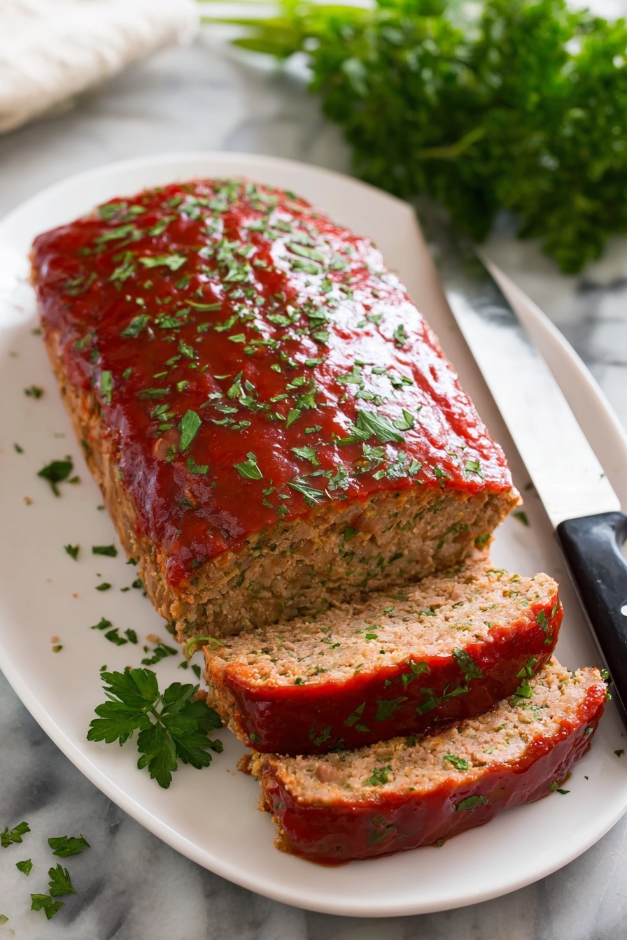 The image shows a white oval plate with a sliced meatloaf on a white marbled surface. The meatloaf has a smooth, shiny red glaze on top and is sprinkled with finely chopped green herbs. There are nine slices arranged neatly on the plate, each slice showing a light brown interior with green herbs mixed inside. The meatloaf end piece remains whole, with the same red glaze and herb garnish. A knife with a black handle rests on the edge of the plate, with some herbs scattered around. Fresh green parsley is partially visible in the top right corner, adding a fresh touch. Photo taken with an iphone --ar 2:3 --v 7