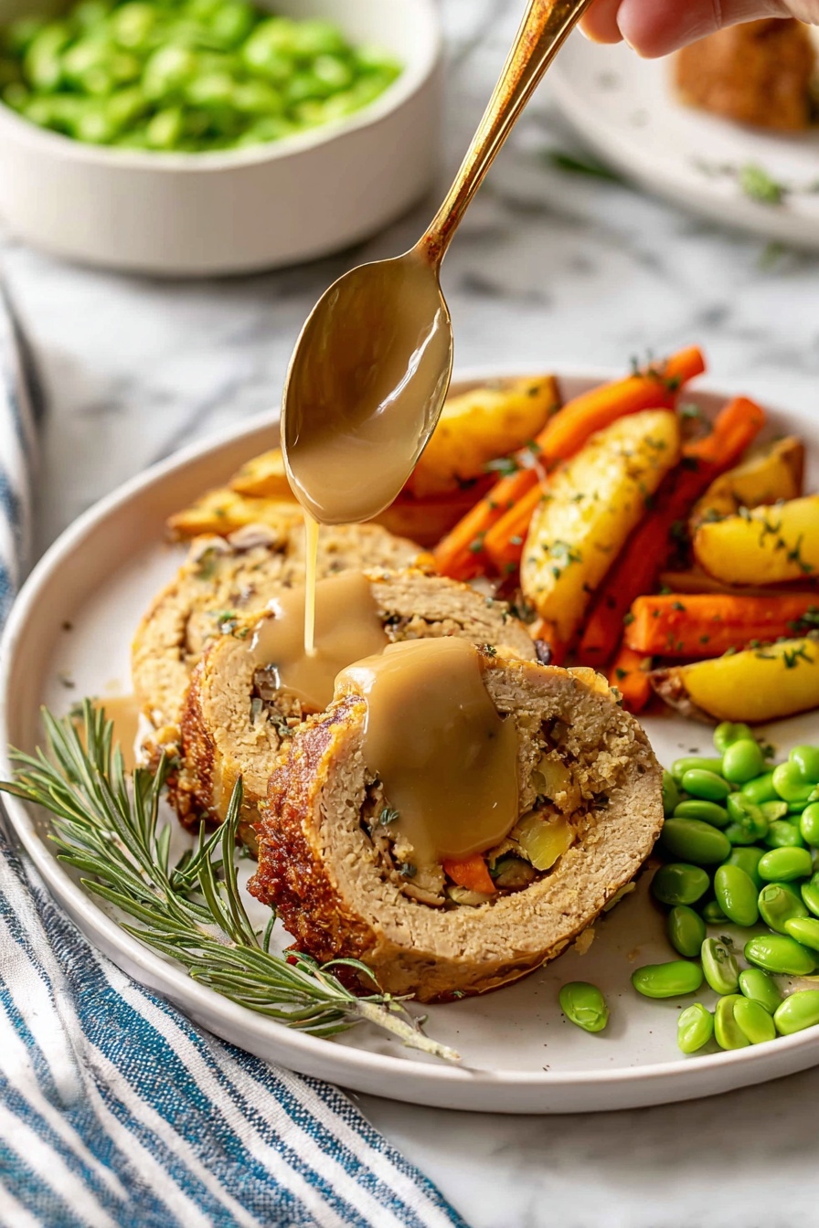 On a white plate, there are two thick slices of a rolled stuffing dish in the front, with a golden-brown outside and a mixed textured, slightly crumbly inside that shows bits of vegetables and bread. Light brown gravy is being poured over the slices from a ladle held by a woman's hand above. Behind the slices, there are roasted carrot and yellow potato wedges, both nicely browned and speckled with herbs. To the right of the plate, bright green cooked edamame pods are placed next to the vegetables. A sprig of fresh rosemary rests near the bottom left side of the stuffing slices. The plate is set on a white marbled surface with a blue and white striped cloth nearby. In the blurred background, a white bowl full of more green edamame pods is visible. photo taken with an iphone --ar 2:3 --v 7