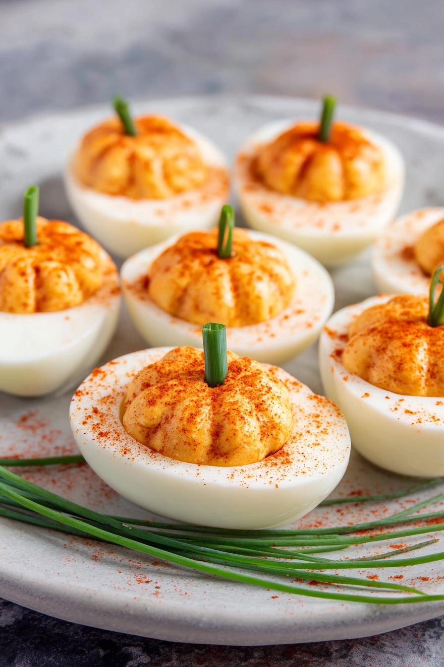 Six deviled egg halves are shown closely arranged on a round white plate with a speckled, lightly textured surface, placed over a white marbled background. Each egg half has a smooth white outer layer with a slightly shiny texture and a creamy orange-yellow filling that is piped in a swirl pattern, dusted with bright red paprika. Small green chive pieces stick upright from the center of each filling. Three fresh chive stalks lie diagonally near the bottom of the plate. The lighting is soft and natural, emphasizing the smoothness and vivid colors of the eggs.photo taken with an iphone --ar 2:3 --v 7