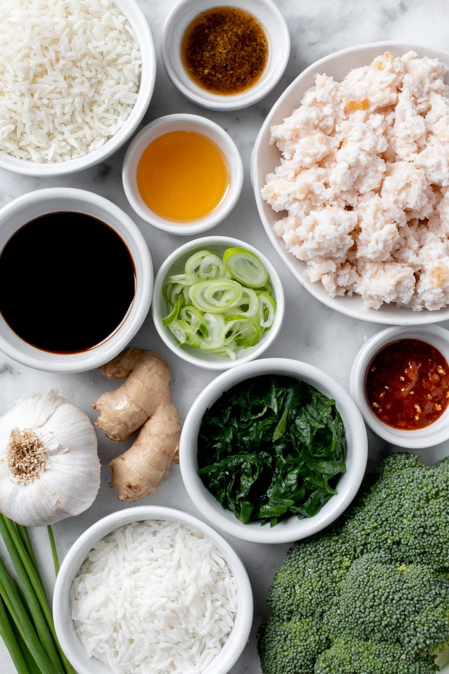 Flat lay of fresh ground chicken in a mound, a small white bowl filled with almond flour, a few thin slices of bright green fresh basil leaves, a small pile of freshly grated pale orange carrot, a small heap of thinly sliced green onions with white parts visible, a small white bowl with grated fresh ginger root, whole uncracked brown garlic bulbs beside a small white bowl of garlic powder, a small white bowl containing dark amber coconut aminos, a small white bowl with thick golden honey, a small white bowl of clear light rice vinegar, a small white bowl with vibrant red sriracha sauce, a small white bowl with dark reddish-brown fish sauce, a small white bowl with roasted golden sesame oil, a small mound of uncooked jasmine rice with long grains, fresh bright green broccoli florets, a small white bowl of white sesame seeds, all arranged symmetrically with perfect balance, placed on a clean white marble surface, soft natural light, photo taken with an iPhone, professional food photography style, fresh ingredients, white ceramic bowls, no bottles, no duplicates, no utensils, no packaging --ar 2:3 --v 7 --p m7354615311229779997
