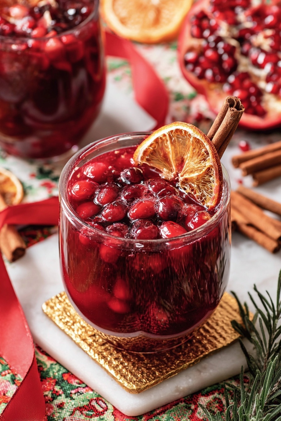 A clear glass filled with a deep red drink has many red berries floating on top. There is a brown cinnamon stick and a dried orange slice standing upright in the drink. Behind the glass, there is a second glass filled with the same red drink. The drink sits on a small square golden mat placed on a white marbled surface with a red and green patterned cloth underneath. Surrounding the glass are two cinnamon sticks, some dried orange slices, a pomegranate half showing red seeds, and a red ribbon. photo taken with an iphone --ar 2:3 --v 7