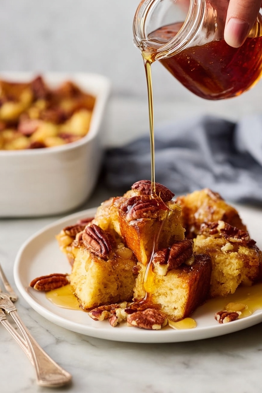 A white rectangular dish filled with a layered bread dessert made of golden brown bread pieces that are toasted and soft inside. The chunks of bread are piled together, some shiny from syrup or butter, and scattered with small pieces of pecans that add a crunchy texture. The bread shows a mix of light yellow, golden, and deep brown tones. The dish is set on a white marbled surface with a folded striped cloth nearby. photo taken with an iphone --ar 2:3 --v 7