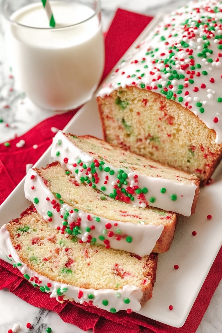 A rectangular white plate holds a sliced loaf cake with three visible slices fanned out in front of the remaining loaf, each slice showing a light beige cake speckled with red and green spots inside. The cake is topped with a smooth white icing layer that drips slightly over the edges, decorated with red, green, and white round and rod-shaped sprinkles. Behind the cake, a clear glass filled with milk shows a white and green striped straw. All items rest on a red cloth on a white marbled surface, with some sprinkles scattered around the plate. photo taken with an iphone --ar 2:3 --v 7