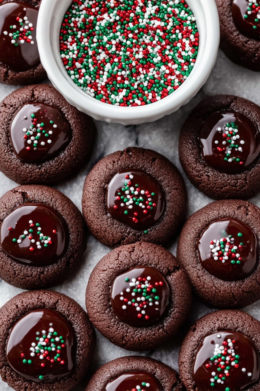The image shows round, dark brown chocolate cookies with a shiny, smooth chocolate center in each one, decorated with small red, green, and white round sprinkles. The cookies are placed closely on a white wooden board with a few visible wood grain textures. To the side, there is a part of a white plate holding more of the same cookies. The background is a white marbled texture with a red ribbon partially visible on the left side. Photo taken with an iphone --ar 2:3 --v 7