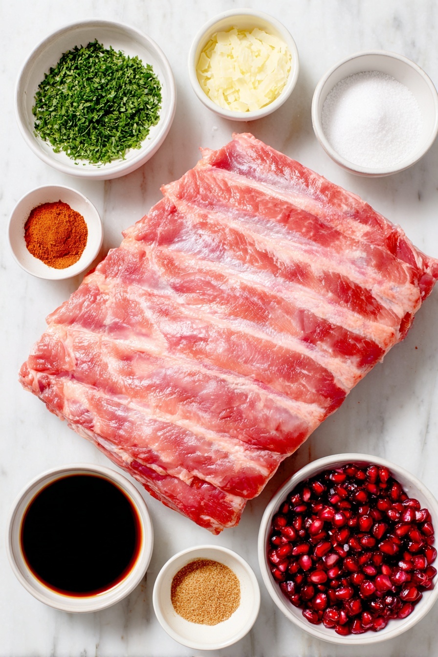 Flat lay of a generous slab of raw St. Louis style pork spare ribs, a small mound of coarse kosher salt, a pristine white ceramic bowl with ground white pepper, a small white bowl filled with garlic powder, another small white bowl holding onion powder, a white bowl containing smoked paprika, a tiny white bowl with dried parsley flakes, a simple white ceramic bowl of dark Worcestershire sauce, a white bowl of deep red pomegranate juice, a small white bowl with light brown granulated brown sugar, a small white bowl filled with glossy red pomegranate arils, all arranged in perfect symmetry and balanced proportions on a clean white marble surface, soft natural light, photo taken with an iPhone, professional food photography style, fresh ingredients, white ceramic bowls, no bottles, no duplicates, no utensils, no packaging --ar 2:3 --v 7 --p m7354615311229779997