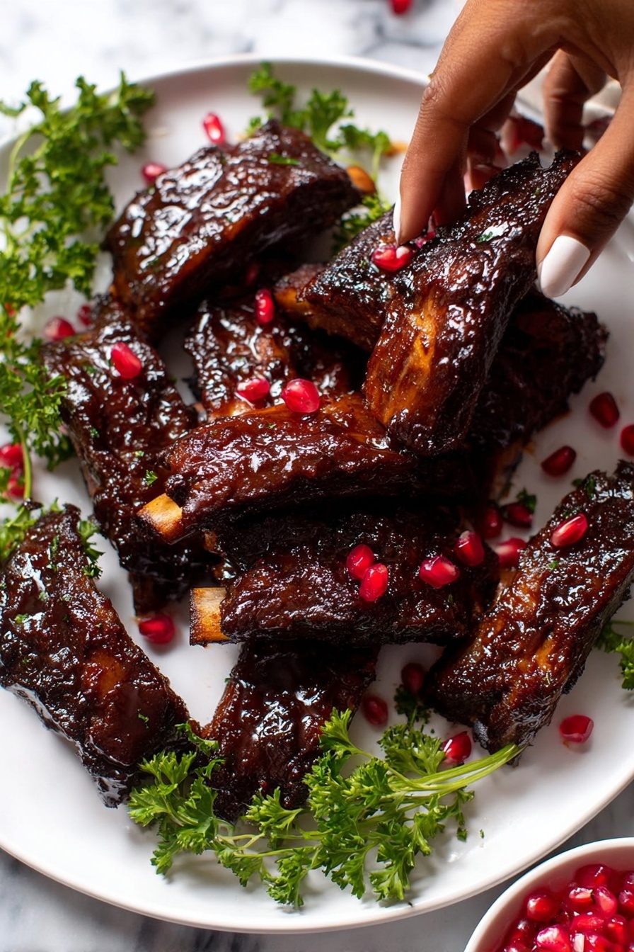 A white oval plate holds seven dark brown ribs stacked loosely, each showing a shiny, sticky glaze with a slightly charred texture. Bright red pomegranate seeds are scattered over the ribs, providing small bursts of color. Fresh green parsley sprigs are placed on the left and bottom edges of the plate, adding a touch of greenery. The plate sits on a white marbled surface with a soft beige cloth partially visible under the edge. The photo is taken from above with an iphone --ar 2:3 --v 7