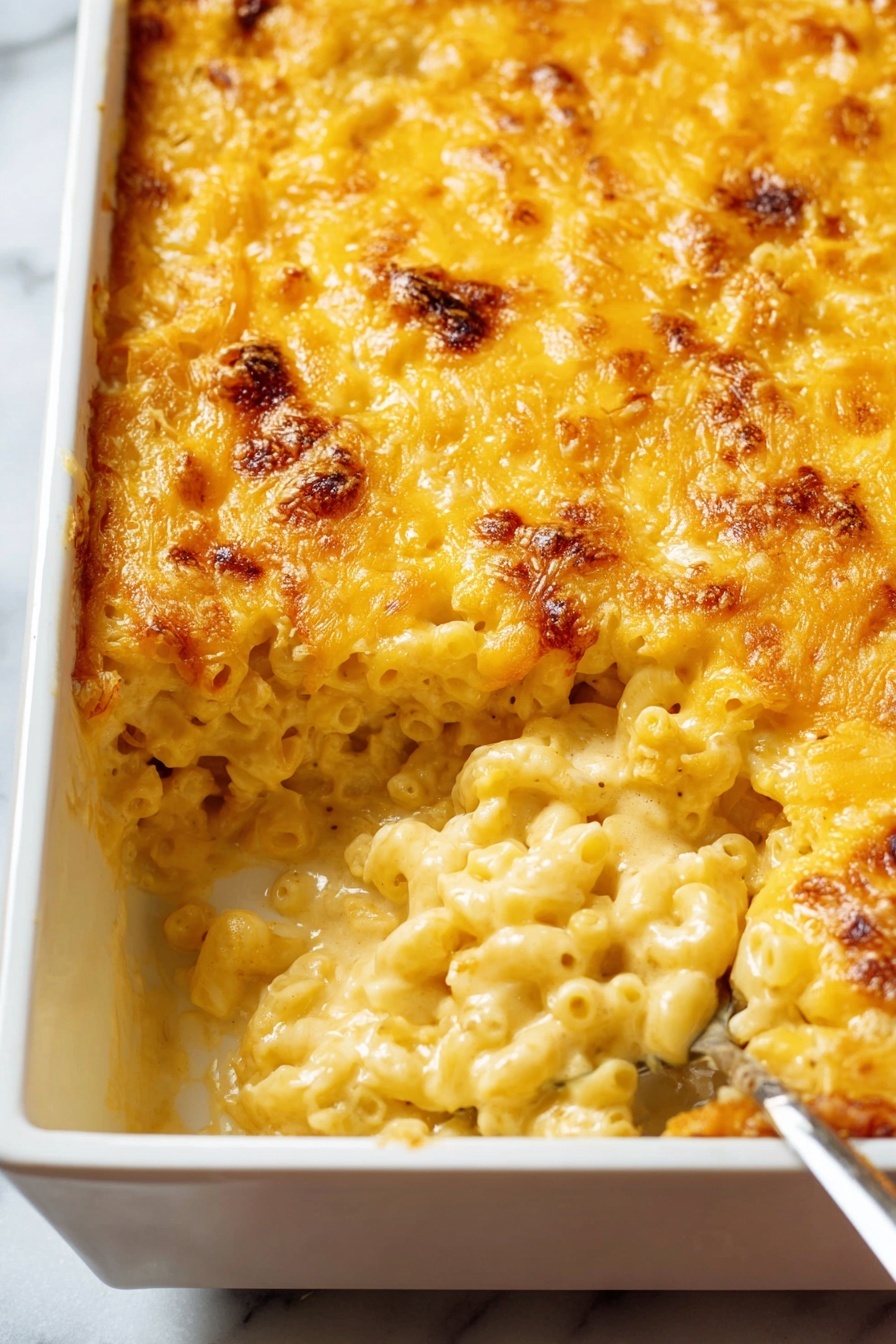 The image shows a close-up of a baked macaroni and cheese dish with two layers. The top layer is golden yellow melted cheese that looks crispy and bubbly with some brown spots. Below the crunchy cheese layer is soft, creamy macaroni pasta covered in smooth melted cheese sauce. A white utensil is scooping up a serving from the dish, revealing the thick cheesy texture inside. The background is a white marbled surface. photo taken with an iphone --ar 2:3 --v 7
