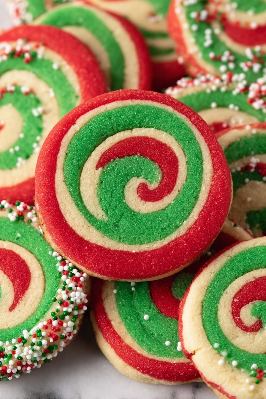 The image shows several round cookies stacked close together on a white marbled surface. Each cookie has three visible spiral layers: a bright red outer layer, a creamy beige middle layer, and a vivid green inner layer, all swirling in a smooth pattern. The edges of the cookies are decorated with small white, red, and green sprinkles adding a festive touch and textured contrast. The overall look is colorful, vibrant, and crisp with clear lines between the layers, creating a playful and holiday-themed appearance. Photo taken with an iphone --ar 2:3 --v 7