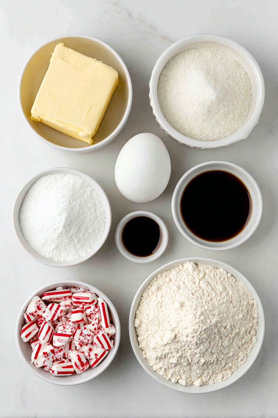 Flat lay of a small mound of soft unsalted butter, a small white ceramic bowl filled with white sugar, one large whole egg with a clean shell, a small white bowl of vanilla extract, a small white bowl of peppermint extract, a pile of all-purpose flour, a small pile of baking soda powder, a small pile of salt, a small white bowl of milk, a small white bowl filled with crushed red-and-white candy cane pieces, and unwrapped red-and-silver foil Hershey’s Candy Cane Kisses, all arranged symmetrically with realistic proportions on a clean white marble surface, soft natural light, photo taken with an iPhone, professional food photography style, fresh ingredients, white ceramic bowls, no bottles, no duplicates, no utensils, no packaging --ar 2:3 --v 7 --p m7354615311229779997