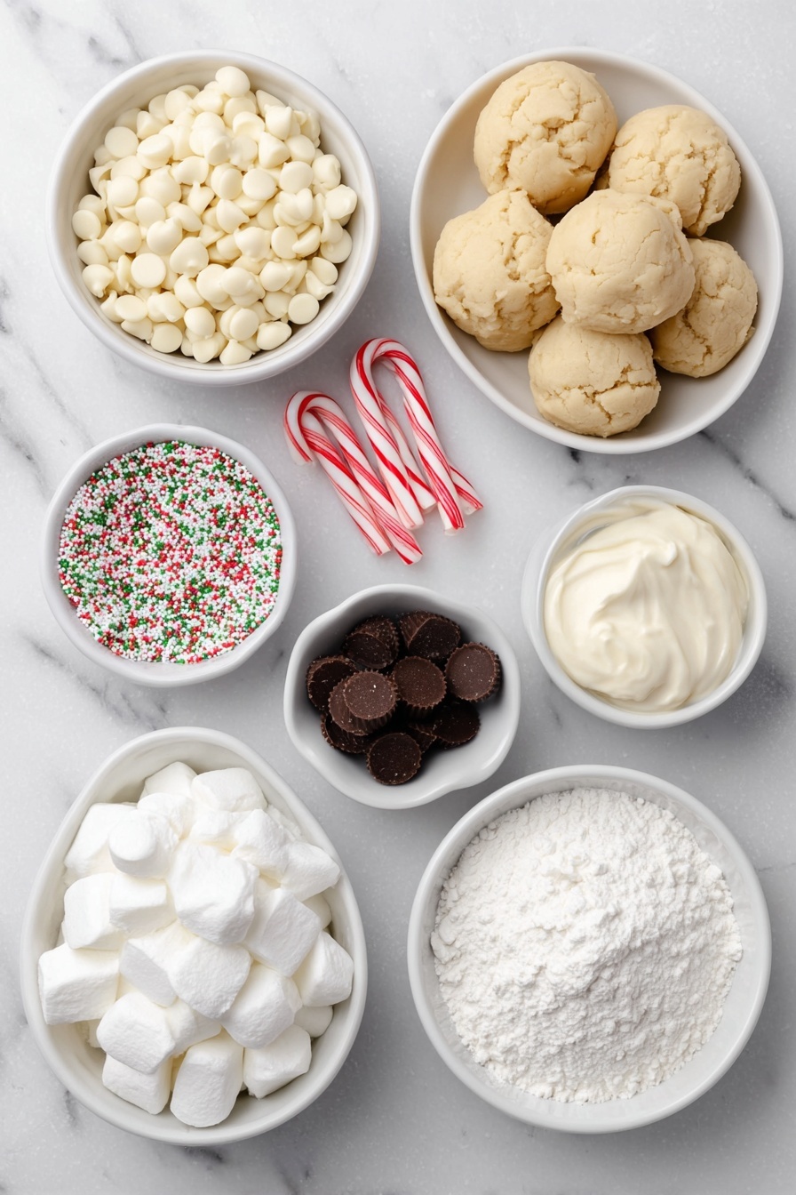 Flat lay of a small mound of unbaked sugar cookie dough balls, a neat pile of miniature peanut butter cups with smooth chocolate and peanut butter centers, a handful of shiny white chocolate chips, whole miniature red and white striped candy canes with clean broken hooks, a small white ceramic bowl filled with fluffy white marshmallow bits, a small white ceramic bowl holding colorful holiday sprinkles, and a pristine piping bag filled with smooth white icing, all arranged symmetrically and balanced on a clean white marble surface, soft natural light, photo taken with an iPhone, professional food photography style, fresh ingredients, white ceramic bowls, no bottles, no duplicates, no utensils, no packaging --ar 2:3 --v 7 --p m7354615311229779997