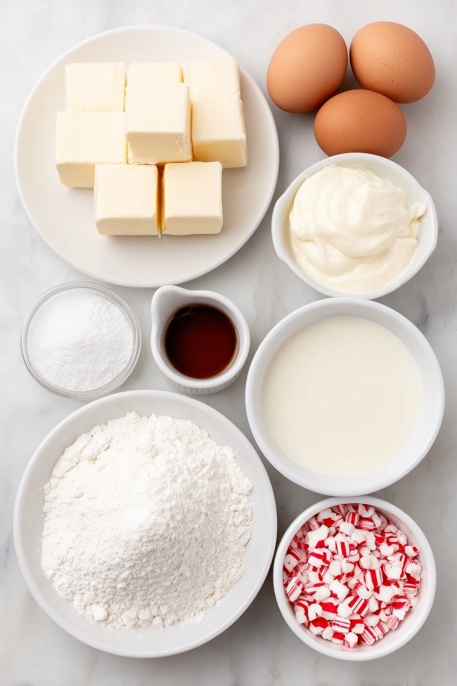 Flat lay of a small stack of very soft unsalted butter cubes, a small white ceramic bowl filled with smooth sweetened condensed milk, a small white ceramic bowl holding clear peppermint extract liquid, a neat mound of fine white cornstarch powder on a white ceramic plate, a few whole clean uncracked eggs with pale brown shells, a small white ceramic bowl heaped with sifted powdered sugar, a small white ceramic bowl of melted and cooled unsalted butter, a small white ceramic bowl filled with creamy heavy cream, and a small white ceramic bowl containing crushed bright red and white peppermint candies, all arranged in perfect symmetry on a clean white marble surface, soft natural light, photo taken with an iPhone, professional food photography style, fresh ingredients, white ceramic bowls, no bottles, no duplicates, no utensils, no packaging --ar 2:3 --v 7 --p m7354615311229779997