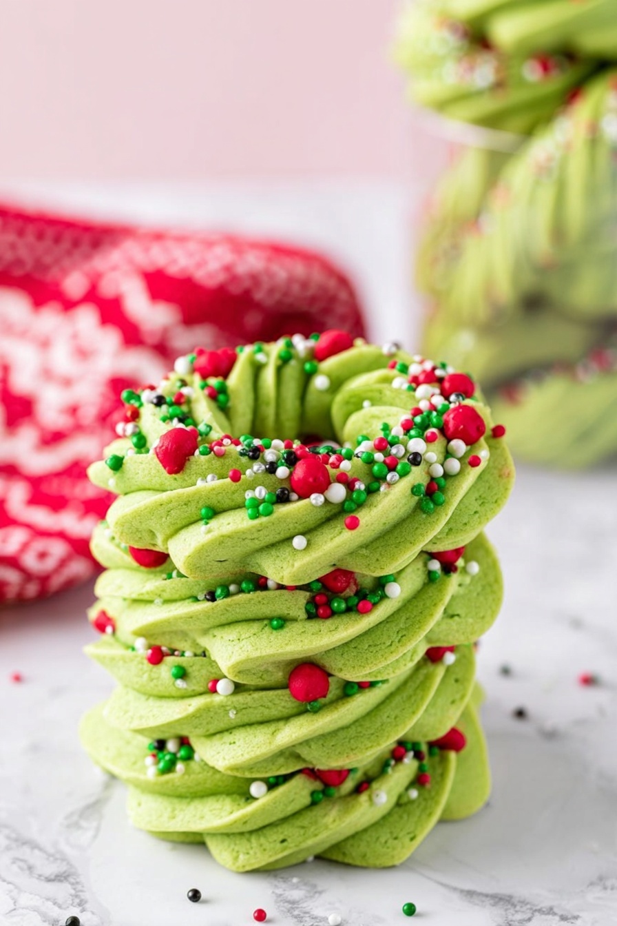 A stack of five bright green wreath-shaped cookies with ruffled swirls stands on a white marbled surface, each layer decorated with small round sprinkles in red, white, green, and black. The cookies have a smooth, slightly textured surface with a few red accents that look like small berries made of the same dough. The edges of each wreath show distinct, wavy ridges, and the layers are evenly stacked but not perfectly aligned, creating a playful, festive look. In the background, there is a soft focus on a container with more of the same cookies and a pink towel with a white pattern. Photo taken with an iphone --ar 2:3 --v 7