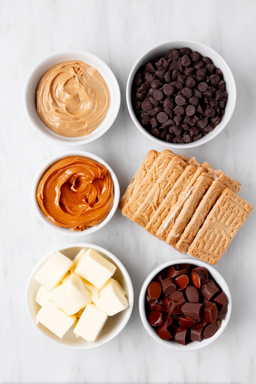 Flat lay of a small white ceramic bowl filled with glossy dark chocolate chips, a small white ceramic bowl of smooth creamy peanut butter, a small white ceramic bowl containing salted butter cubes, a neat stack of whole Nutter Butter cookies with their embossed peanut shape visible, a small white ceramic bowl of Mini Nilla Wafers, a small white ceramic bowl holding whole brown Reese’s pieces, a small white ceramic bowl with halved bright orange Reese’s pieces showing their creamy filling, and a small white ceramic bowl filled with candy eyes, all arranged in perfect symmetry and balanced proportions, placed on a clean white marble surface, soft natural light, photo taken with an iPhone, professional food photography style, fresh ingredients, white ceramic bowls, no bottles, no duplicates, no utensils, no packaging --ar 2:3 --v 7 --p m7354615311229779997