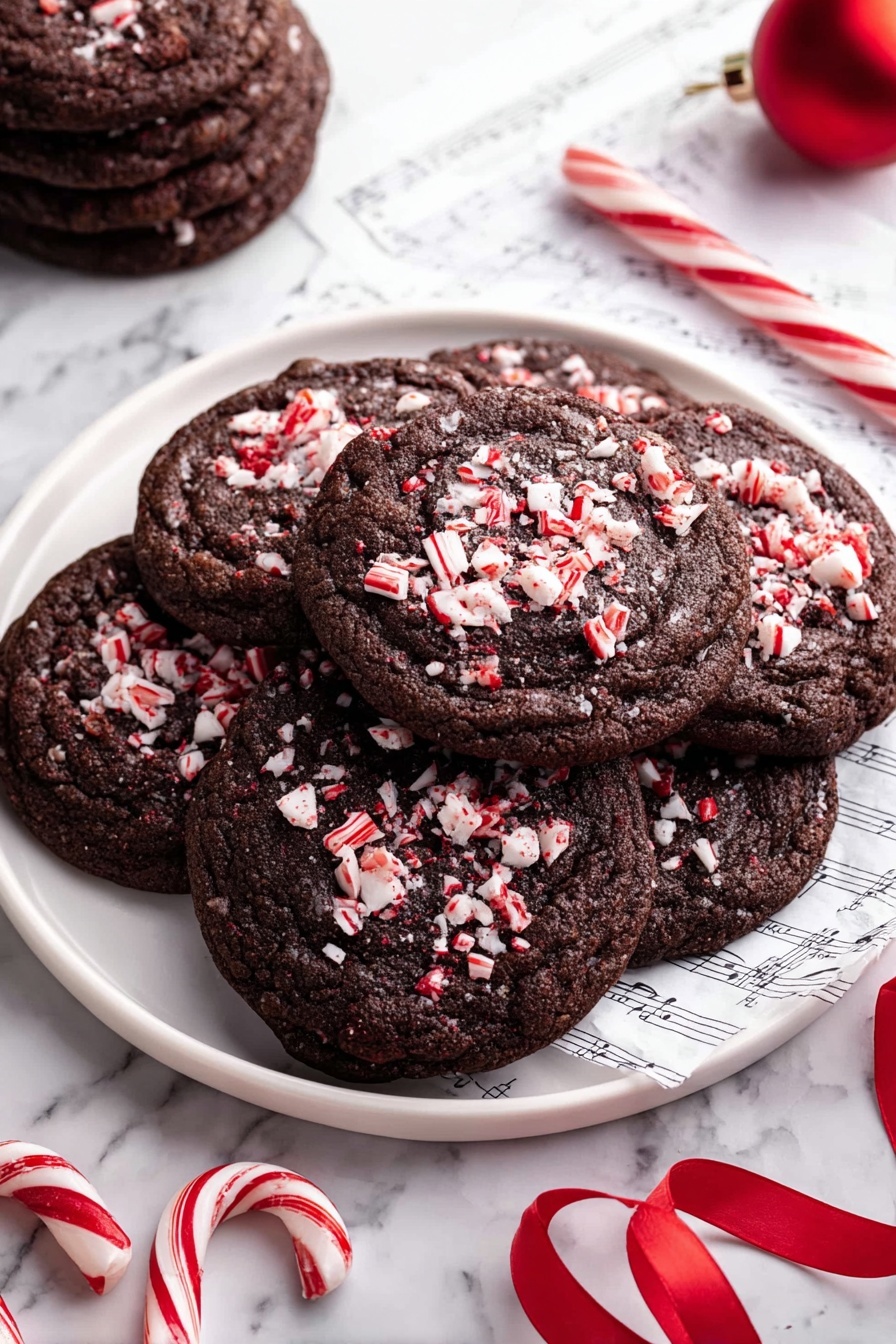 The image shows four round dark chocolate cookies stacked partly on top of each other on a white marbled surface. Each cookie has a rough, cracked texture and is decorated with small broken pieces of red and white striped candy canes scattered across the top. Around the cookies, there are two whole candy canes with red and white stripes and a small shiny red Christmas ornament, adding a festive look. The cookies look soft and rich, with some white bits visible inside the dark dough. photo taken with an iphone --ar 2:3 --v 7