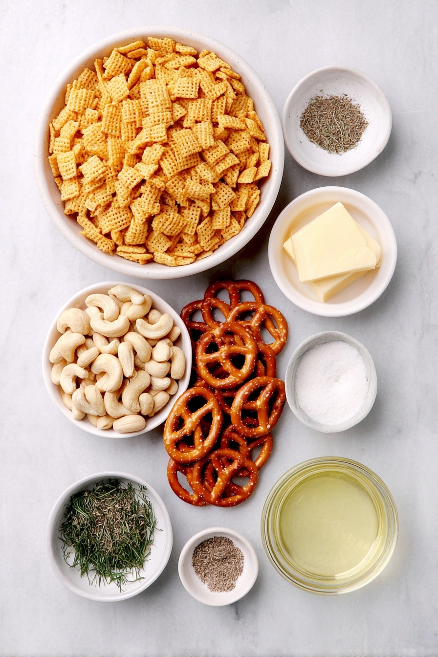 Flat lay of a large white ceramic bowl filled with fresh corn Chex cereal, a similar bowl with rice Chex cereal, a small white bowl holding mini pretzel twists, another white bowl of golden bagel chips, a small white bowl containing raw cashew pieces, a tiny white bowl with melted butter, a small white bowl with dried dill flakes, a white bowl with fine garlic powder, a small white bowl filled with translucent dill pickle juice, a white bowl with creamy ranch seasoning powder, and a small white bowl with clear white vinegar, all arranged in perfect symmetry, placed on a clean white marble surface, soft natural light, photo taken with an iPhone, professional food photography style, fresh ingredients, white ceramic bowls, no bottles, no duplicates, no utensils, no packaging --ar 2:3 --v 7 --p m7354615311229779997