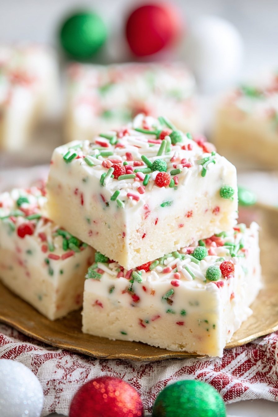 The image shows a close-up of four square dessert bars stacked on a white plate on a white marbled texture. Each bar has two layers: the bottom layer is light yellow with small red and green specks throughout, while the top layer is thick white frosting covered with red, green, and light green sprinkles of different shapes and sizes, including round dots and small rods. The frosting layer looks smooth and creamy, and some sprinkles have fallen on the plate around the bars. Photo taken with an iphone --ar 2:3 --v 7