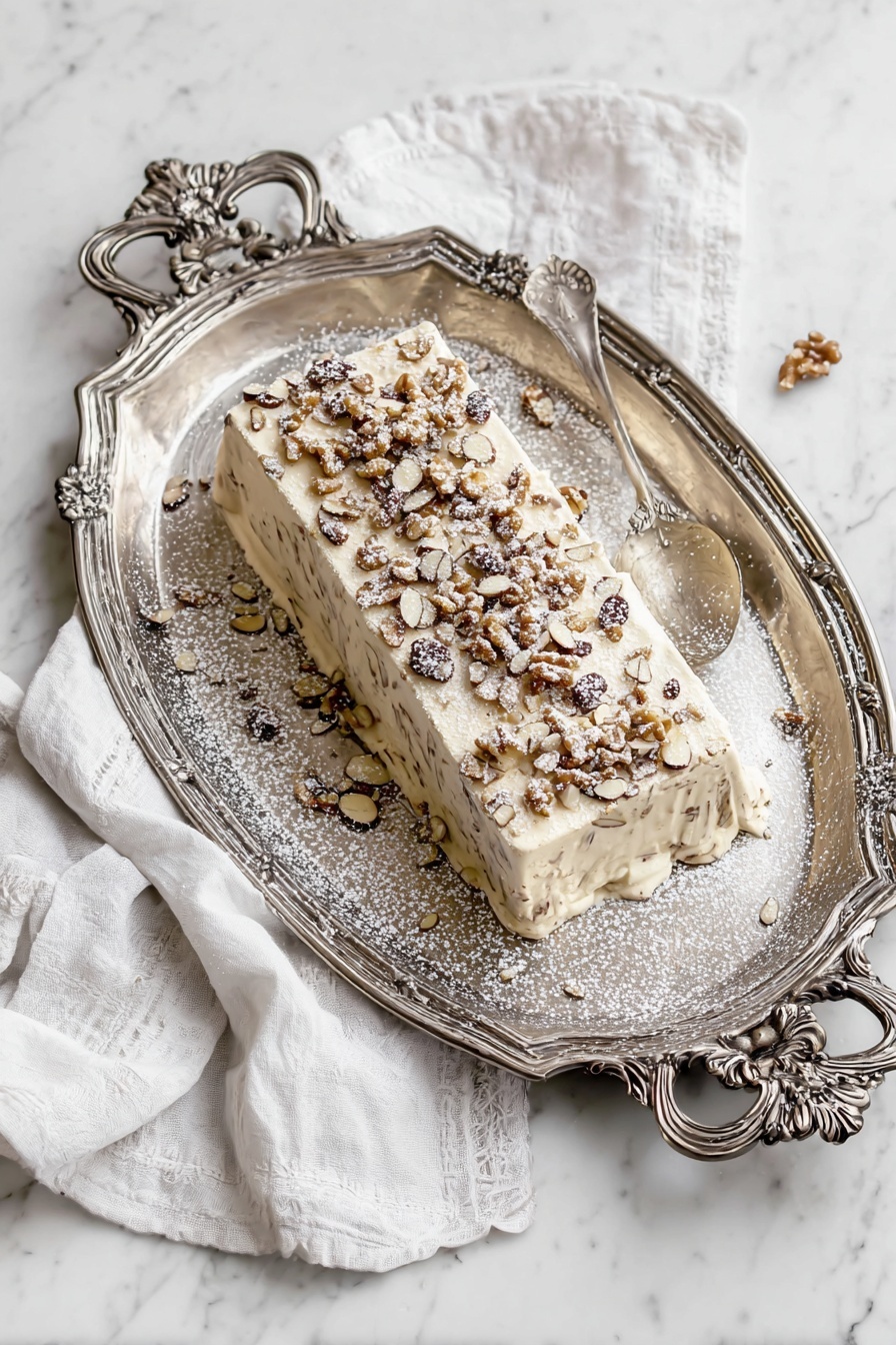 A rectangular cake sits on an ornate silver tray with flower patterns, placed on a white marbled surface. The cake has two visible layers covered with light cream frosting. On top, chopped nuts and small pieces of golden-brown dried fruit are spread evenly, with a light dusting of powdered sugar over everything, including the tray. A white cloth is casually draped around the tray, and a small sieve with powdered sugar rests nearby. Photo taken with an iphone --ar 2:3 --v 7