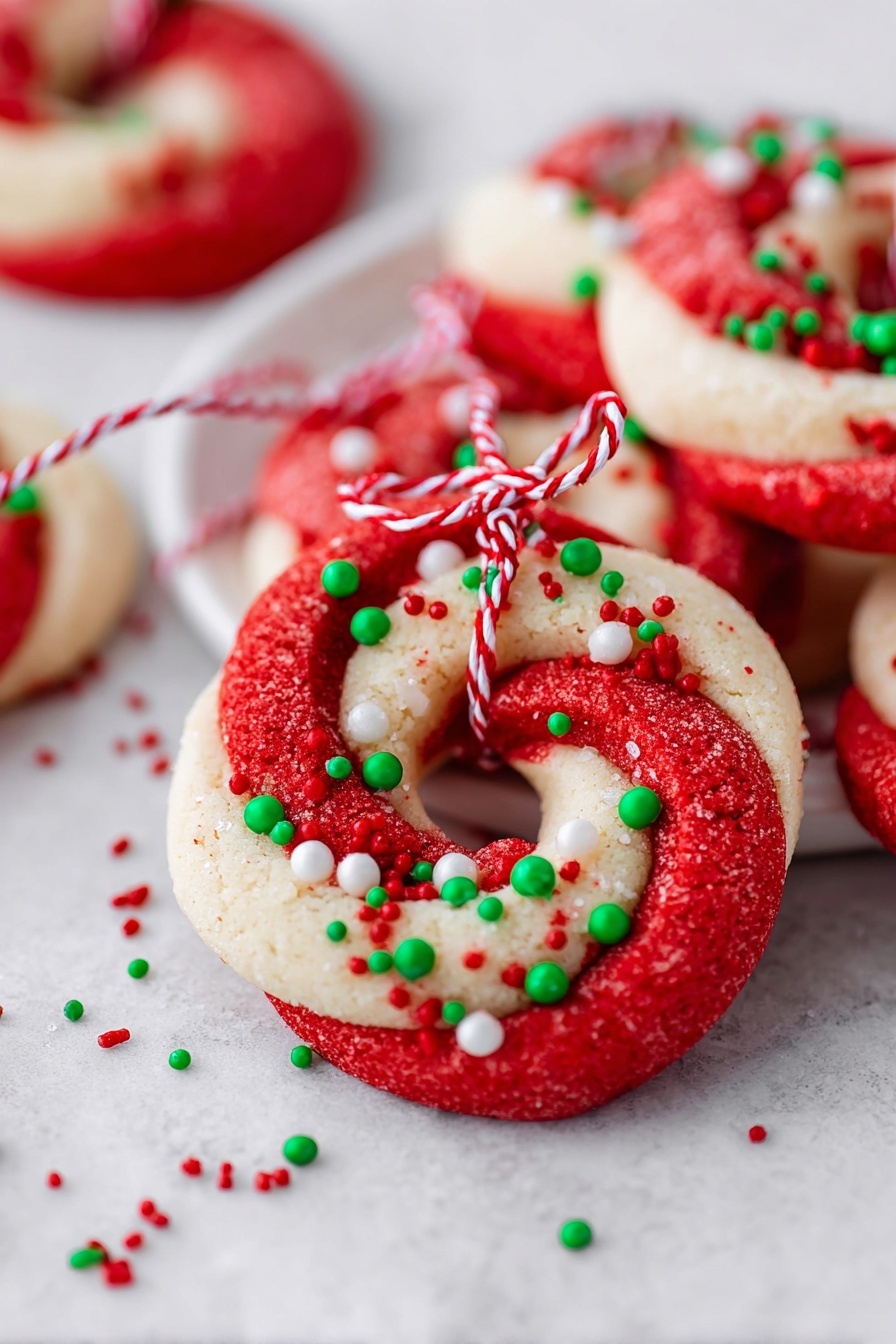 The image shows multiple round cookies shaped like wreaths, arranged on a white marbled surface. Each cookie has two twisted layers, one bright red and one creamy off-white, forming a swirl pattern. Small round sprinkles in green, white, and red are scattered on the cookies and around them on the surface. One cookie has a red and white twisted string looped through it, giving a festive look. The texture of the cookies looks slightly crumbly and soft. photo taken with an iphone --ar 2:3 --v 7