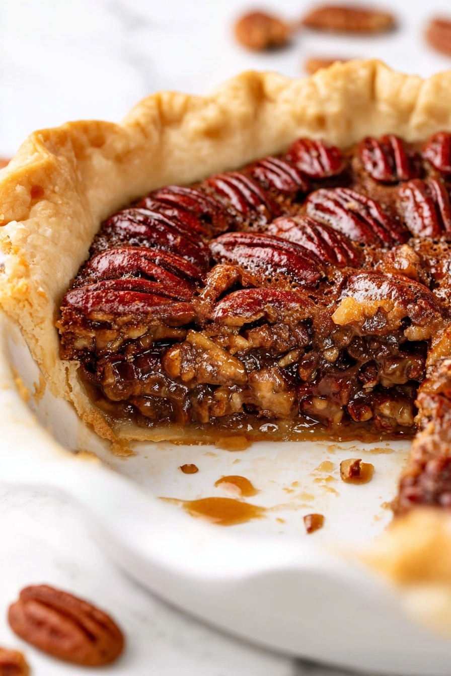 A close-up image of a pecan pie with a golden, thick, and flaky crust that has a crimped edge. The filling has two visible layers: the top layer is covered with whole, glossy, reddish-brown pecans arranged tightly together, and the bottom layer is a rich, gooey caramel-brown filling with chopped pecans mixed in. The pie is in a white ceramic dish with some crumbs and syrup residue inside. The dish sits on a white marbled surface with a few scattered pecans in the background. photo taken with an iphone --ar 2:3 --v 7