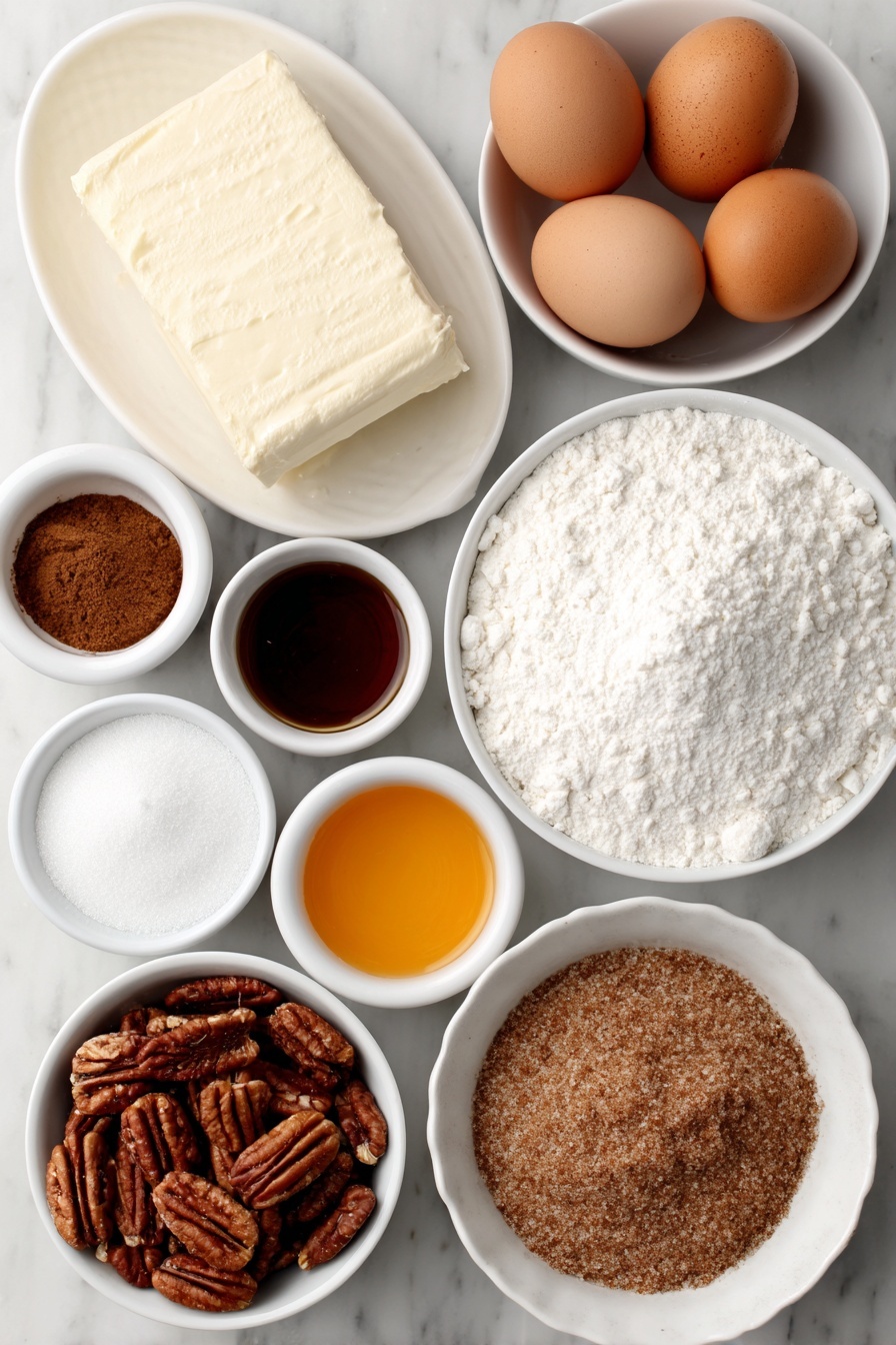 Flat lay of a block of soft full-fat cream cheese, a small white bowl of powdered sugar, a small white bowl of vanilla extract, raw pecan halves, a small white bowl of all-purpose flour, packed brown sugar crystals in a small white bowl, granulated sugar in a small white bowl, ground cinnamon in a small white bowl, cold cubed butter, three whole uncracked brown eggs, granulated sugar in a larger white bowl, bright orange pumpkin puree in a small white bowl, a small white bowl of vegetable oil, all-purpose flour, baking powder and baking soda mixed with ground cinnamon, ground cloves, ground nutmeg, ground ginger and salt in a white bowl, coarse raw turbinado cane sugar crystals in a small white bowl, and ground cinnamon in another small white bowl, all arranged symmetrically in a clean, natural and fresh state on simple white ceramic bowls, placed on a clean white marble surface, soft natural light, photo taken with an iPhone, professional food photography style, fresh ingredients, white ceramic bowls, no bottles, no duplicates, no utensils, no packaging --ar 2:3 --v 7 --p m7354615311229779997