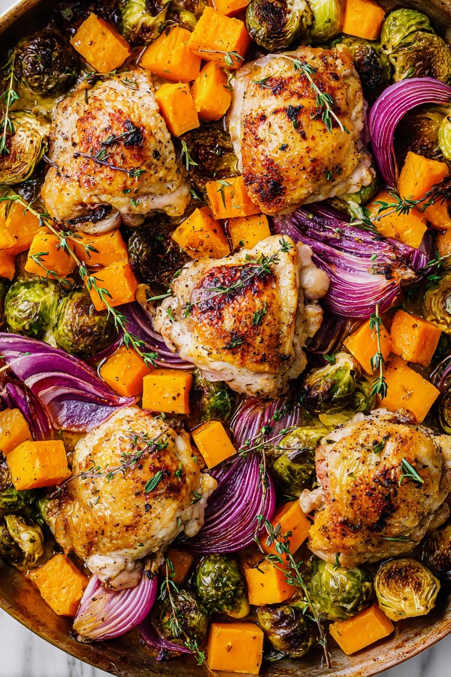 The image shows a pan filled with five golden-brown cooked chicken thighs spread evenly on the surface. Around the chicken, there are roasted Brussels sprouts with a charred outer texture, bright orange cubes of roasted butternut squash, and sliced purple-red onion wedges placed in between the meat and vegetables. Fresh green thyme sprigs are scattered on top, adding a touch of color and freshness. The food sits on a white marbled textured surface, with the juices and small bits of seasoning visible around the layers, giving a warm and hearty look. photo taken with an iphone --ar 2:3 --v 7