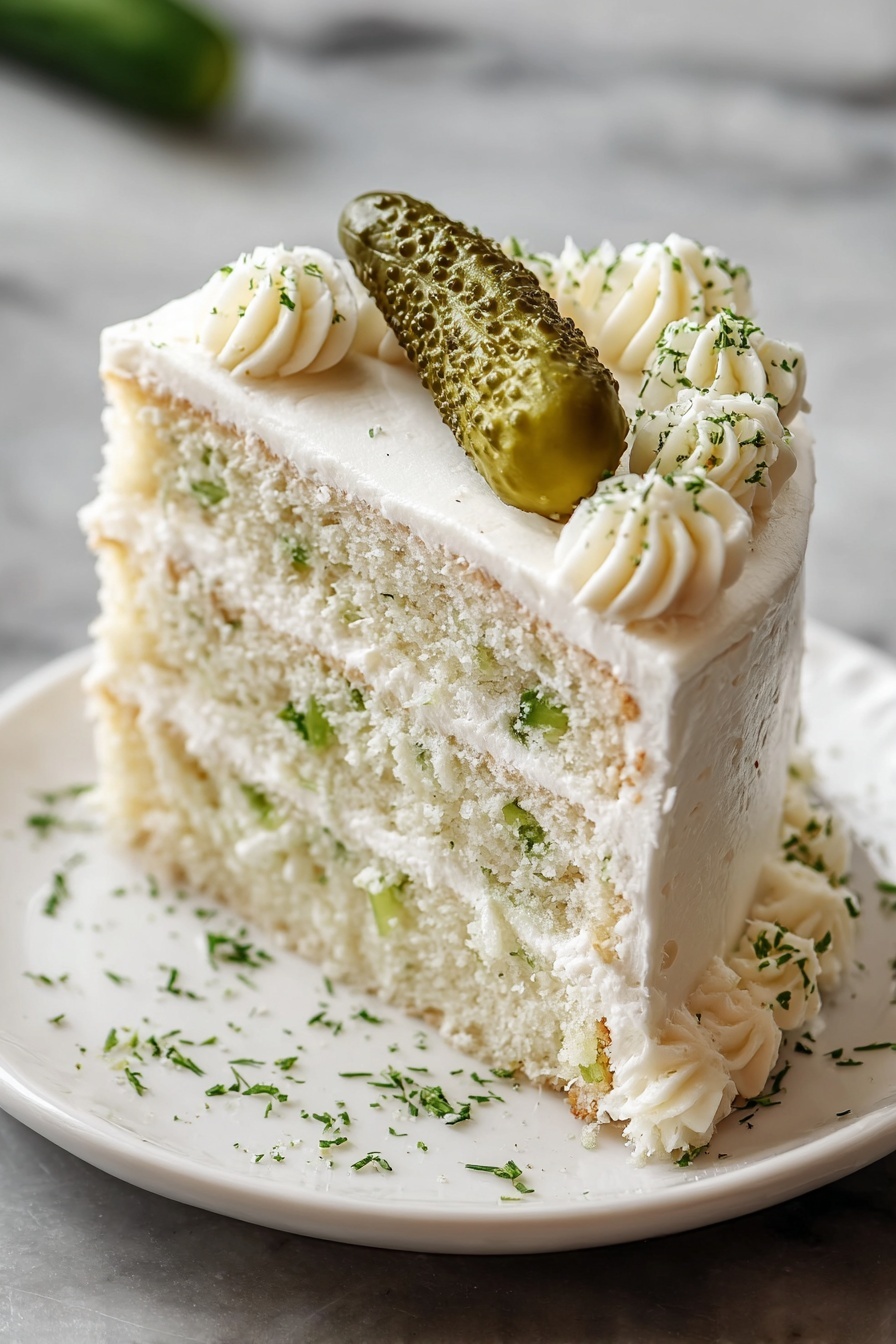 A slice of three-layer white cake with small green pieces inside each layer, separated by thick white creamy frosting, is placed on a white plate. The outside is smooth with white frosting coating the entire slice. On top, there are small swirls of white frosting sprinkled with finely chopped green herbs. A whole small pickle is placed standing upright in the center on the top layer. The plate sits on a white marbled surface. photo taken with an iphone --ar 2:3 --v 7