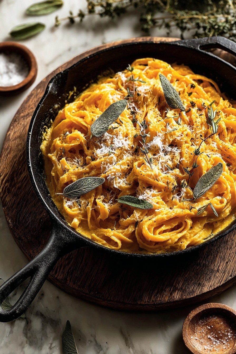 A black cast iron pan is filled with a creamy, bright orange pasta, likely coated in a thick sauce. The pasta strands are arranged in loose coils with a soft, smooth texture. On top, there are scattered grated white cheese pieces and small sprigs of green herbs, including whole sage leaves and thyme, adding contrast in color. The pan sits on a round wooden board, resting on a white marbled surface with some green herbs and a small brown bowl of coarse salt nearby. The warm lighting highlights the rich colors and textures of the dish. photo taken with an iphone --ar 2:3 --v 7