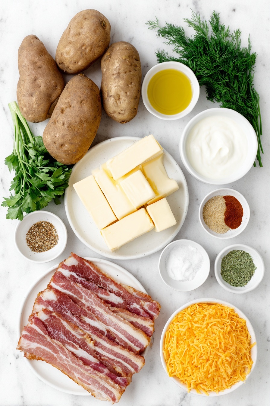 Flat lay of medium size Russet potatoes with rough brown skins, a small white bowl of golden olive oil, thick cut chopped raw bacon pieces with pink and white marbling, a handful of pale yellow unsalted butter cubes, a small white bowl filled with creamy off-white sour cream, a small white bowl of warm light milk, a few sprigs of fresh flat-leaf parsley with bright green leaves, a small white bowl of coarse white salt, small white bowls each containing fine pale beige garlic powder, ground black pepper, paprika with deep red color, and dried dill weed in muted green flakes, chopped green onions with white bulbs and bright green tops, a small mound of freshly grated vibrant orange cheddar cheese, and a small mound of pale yellow freshly grated Gruyere cheese, all arranged symmetrically on simple white ceramic dishes and bowls, placed on a clean white marble surface, soft natural light, photo taken with an iPhone, professional food photography style, fresh ingredients, white ceramic bowls, no bottles, no duplicates, no utensils, no packaging --ar 2:3 --v 7 --p m7354615311229779997