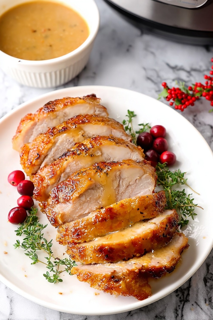 A white plate holds six slices of golden brown cooked meat arranged in a neat row, each slice showing a slightly crispy, textured edge and juicy inside with light glaze on top. The plate is decorated with sprigs of fresh green herbs and small bright red berries placed around the meat. Nearby to the left, there is a white bowl filled with light brown sauce. The background surface is a white marbled texture. Photo taken with an iphone --ar 2:3 --v 7