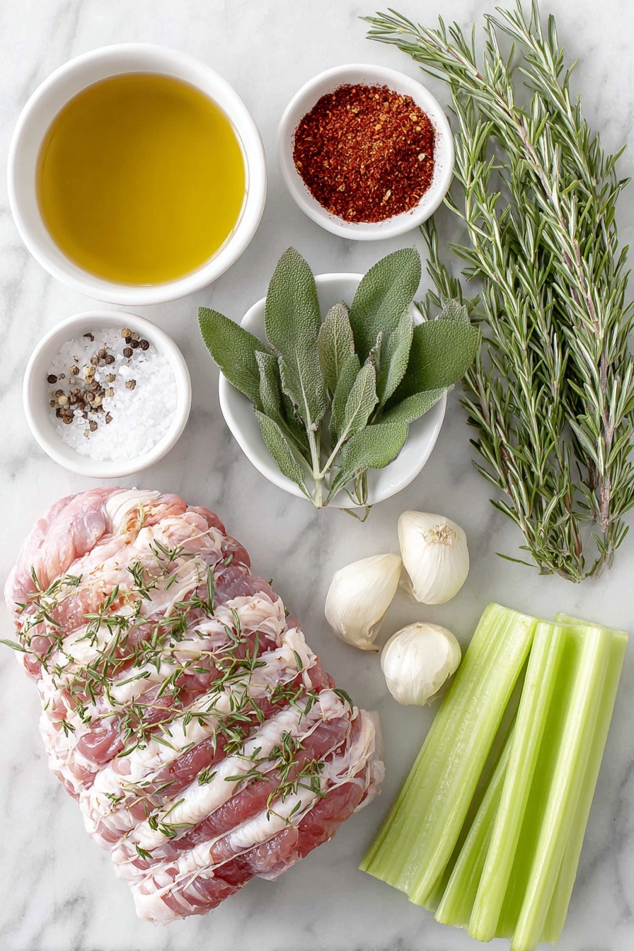 Flat lay of a whole bone-in skin-on turkey breast with golden skin, a small white bowl filled with golden olive oil, a small white bowl containing bright red paprika powder, a few sprigs of fresh rosemary, sage, and thyme mixed together, a small white bowl of coarse white salt, a small white bowl with ground black pepper, a small white bowl filled with clear chicken broth, a medium onion sliced into large rings, four whole garlic cloves with smooth white skins, and two fresh celery stalks with crisp green leaves placed on a clean white marble surface, soft natural light, photo taken with an iPhone, professional food photography style, fresh ingredients, white ceramic bowls, no bottles, no duplicates, no utensils, no packaging --ar 2:3 --v 7 --p m7354615311229779997