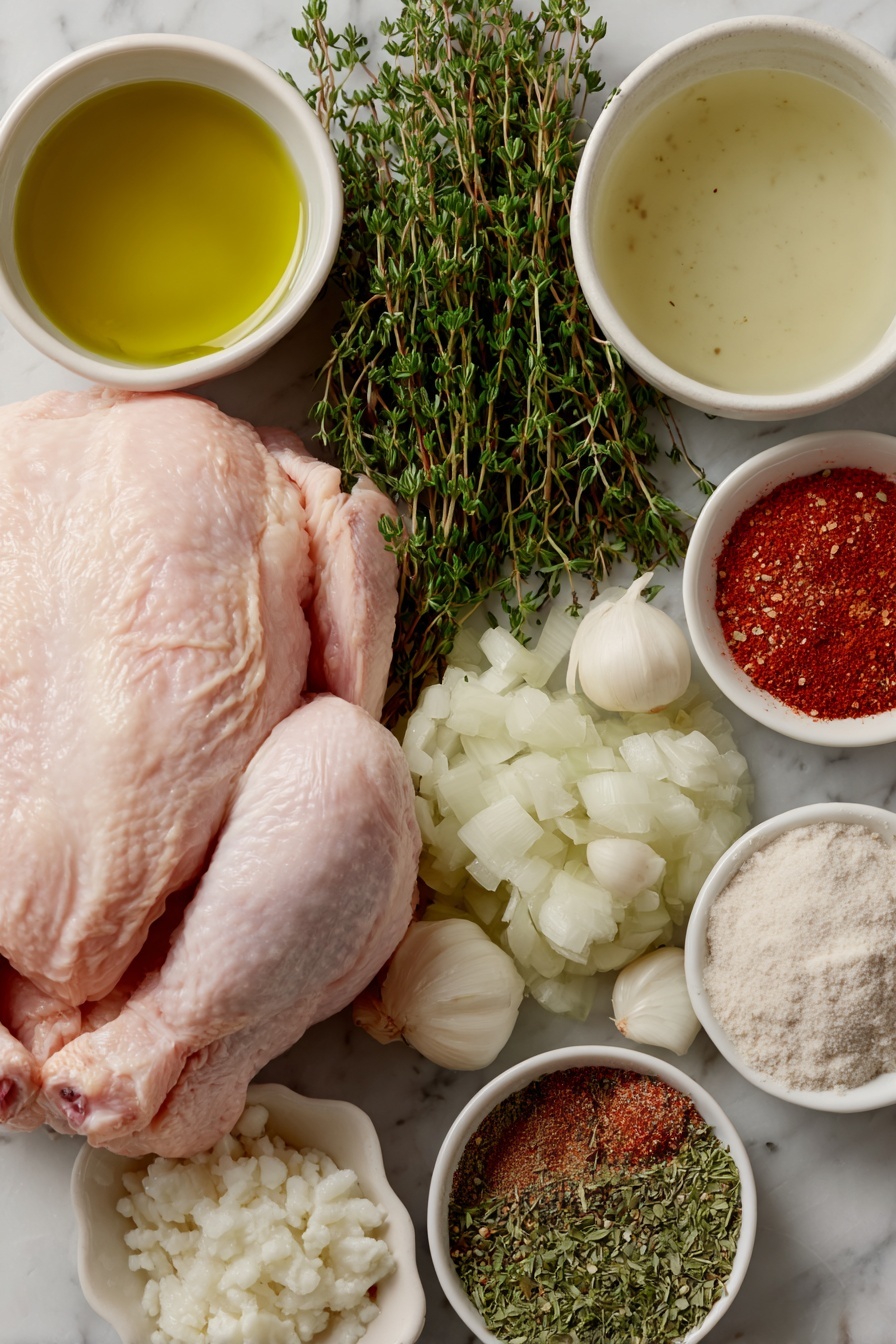 Flat lay of a whole raw chicken with pale pink skin, a half white onion chopped into chunky pieces, four peeled whole garlic cloves, ten fresh thyme sprigs with vibrant green leaves, a small white ceramic bowl of golden olive oil, a small white ceramic bowl of clear pale yellow lemon juice, a small white ceramic bowl filled with light brown broth, a small white ceramic bowl of dry white wine with a faint yellow tint, a small white ceramic bowl of fine white cornstarch powder, and an assortment of mixed dry spices including chili powder, cumin, dried thyme, ground mustard, dried basil, ground black pepper, red pepper flakes, sea salt, paprika, and brown sugar displayed loosely next to each other on a clean white marble surface, soft natural light, photo taken with an iPhone, professional food photography style, fresh ingredients, white ceramic bowls, no bottles, no duplicates, no utensils, no packaging --ar 2:3 --v 7 --p m7354615311229779997