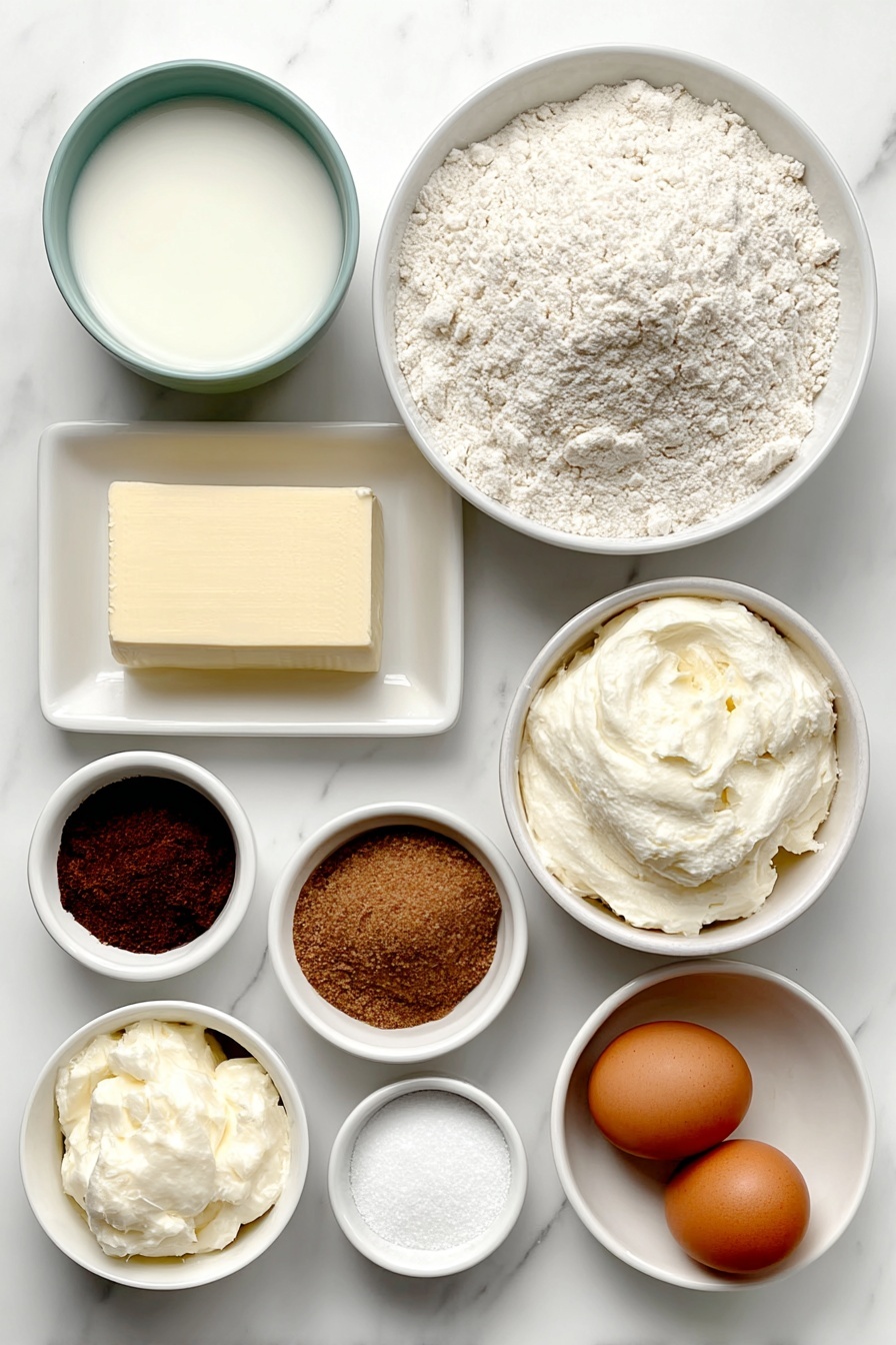 Flat lay of a small white ceramic bowl with whole milk, a small white ceramic bowl with water, a small white ceramic bowl of bread flour, a large white ceramic bowl filled with bread flour, a small white ceramic bowl with powdered milk, a small white ceramic bowl of granulated sugar, a small white ceramic bowl of instant yeast, a small white ceramic bowl of salt, a small white ceramic bowl with softened salted butter, a small white ceramic bowl with dark brown sugar, a small white ceramic bowl with corn starch, a small white ceramic bowl with ground cinnamon, a small white ceramic bowl with heavy cream, two whole uncracked large brown eggs with clean shells, one whole uncracked large egg with a clean shell, and a small white ceramic bowl with vanilla bean paste, all arranged symmetrically on a clean white marble surface, soft natural light, photo taken with an iPhone, professional food photography style, fresh ingredients, white ceramic bowls, no bottles, no duplicates, no utensils, no packaging --ar 2:3 --v 7 --p m7354615311229779997